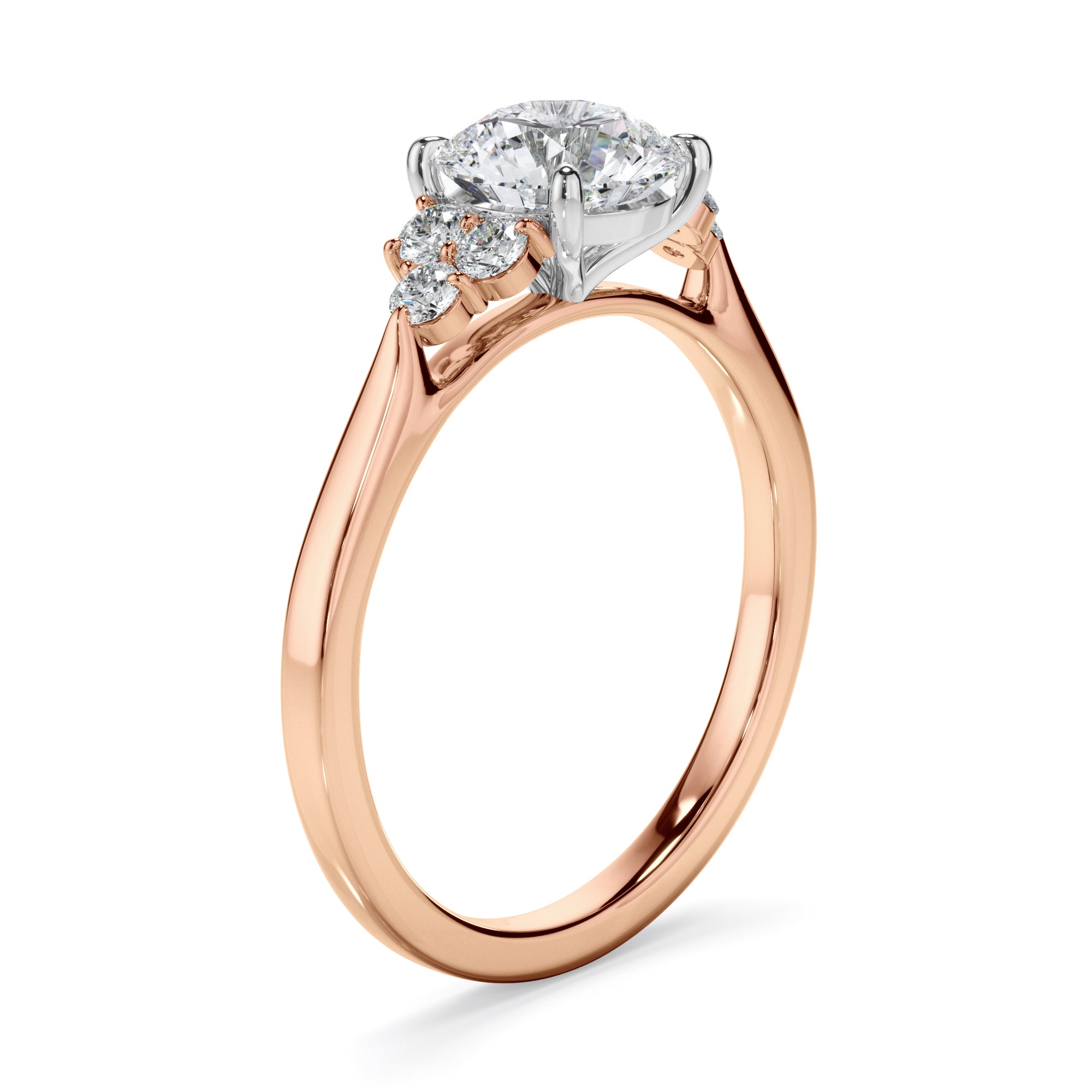 Luna - Round Brilliant Cut Diamond Engagement Ring With Diamond Cluster Sides