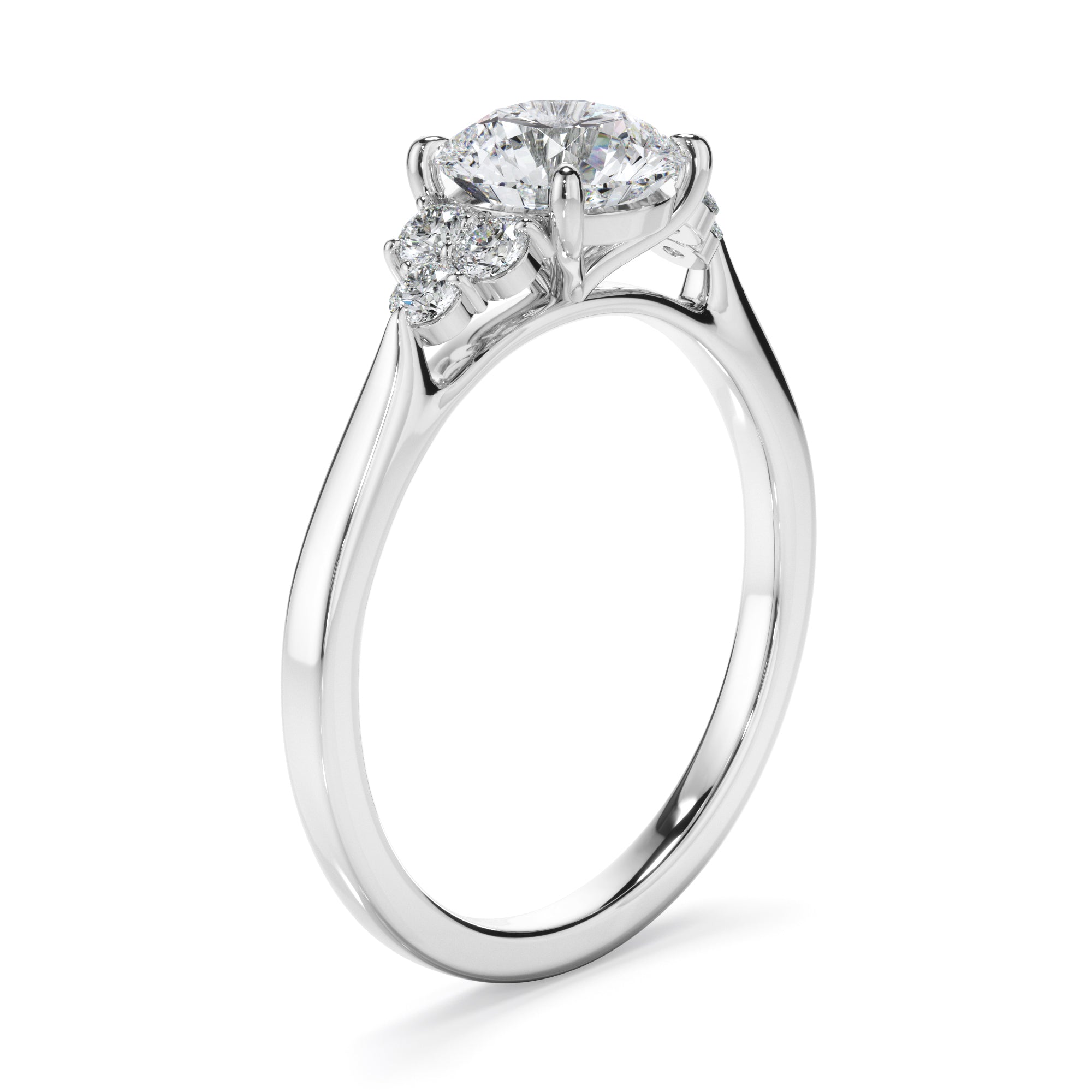 Luna - Round Brilliant Cut Diamond Engagement Ring With Diamond Cluster Sides