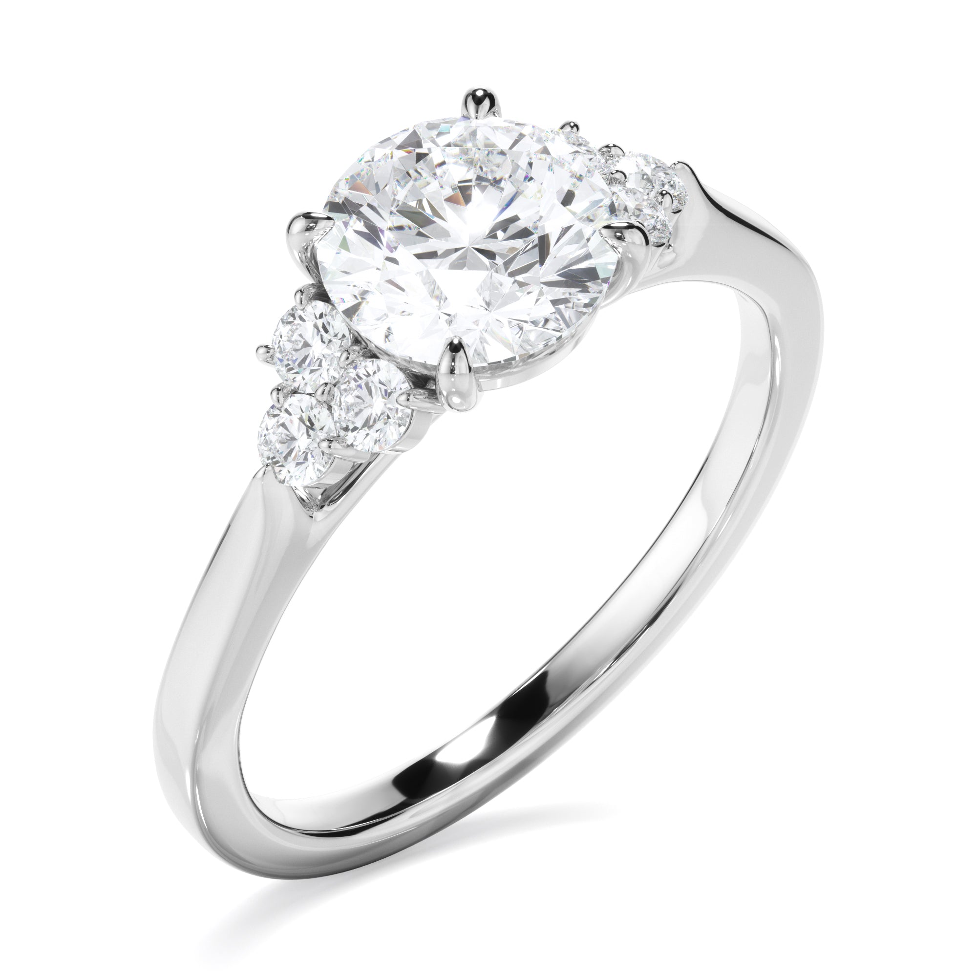 Luna - Round Brilliant Cut Diamond Engagement Ring With Diamond Cluster Sides