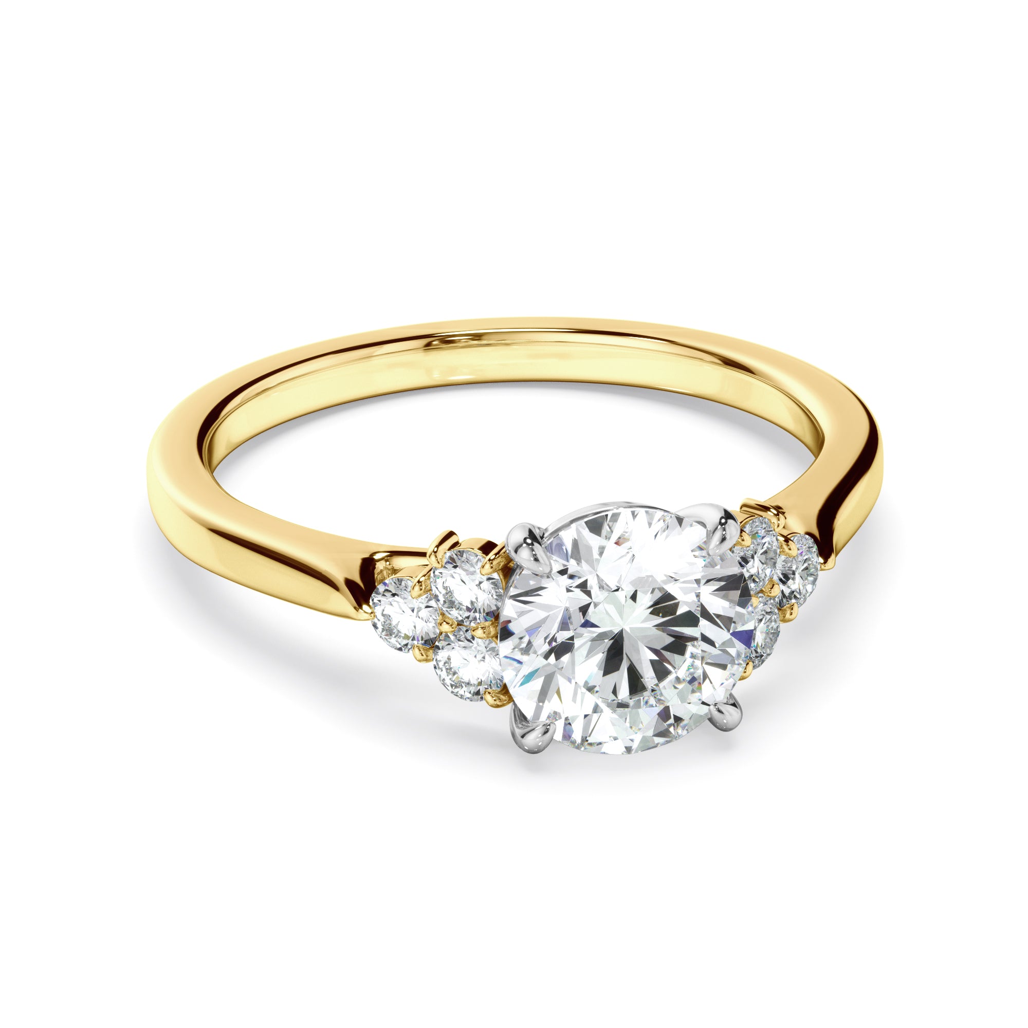 Luna - Round Brilliant Cut Diamond Engagement Ring With Diamond Cluster Sides
