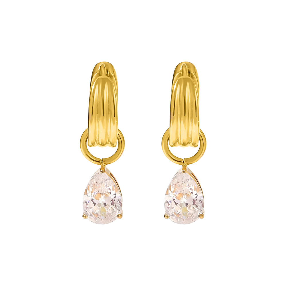 18ct Gold Plated Huggie Earrings with Pear CZ Dangle