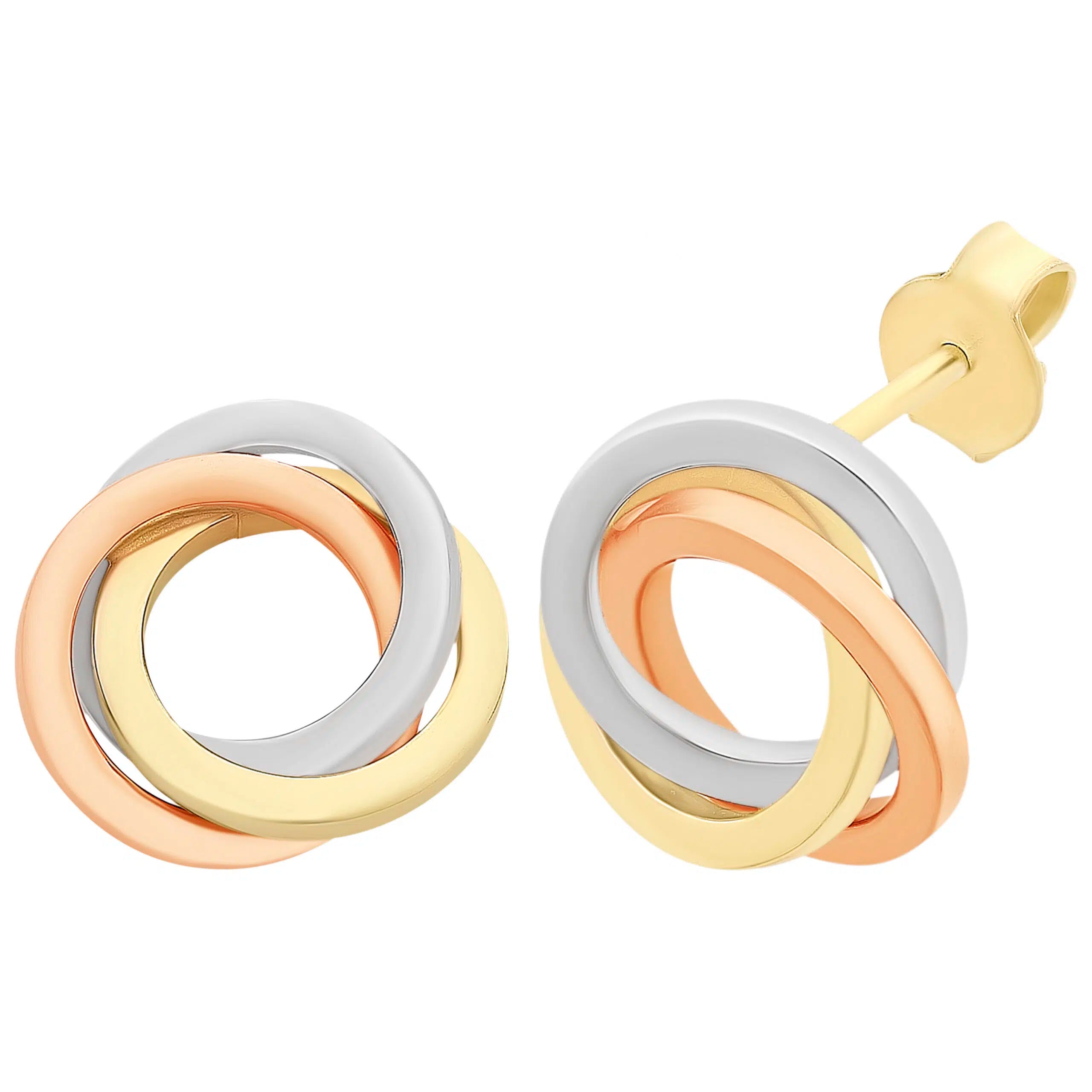 Pair of gold and silver hoop earrings on a white background