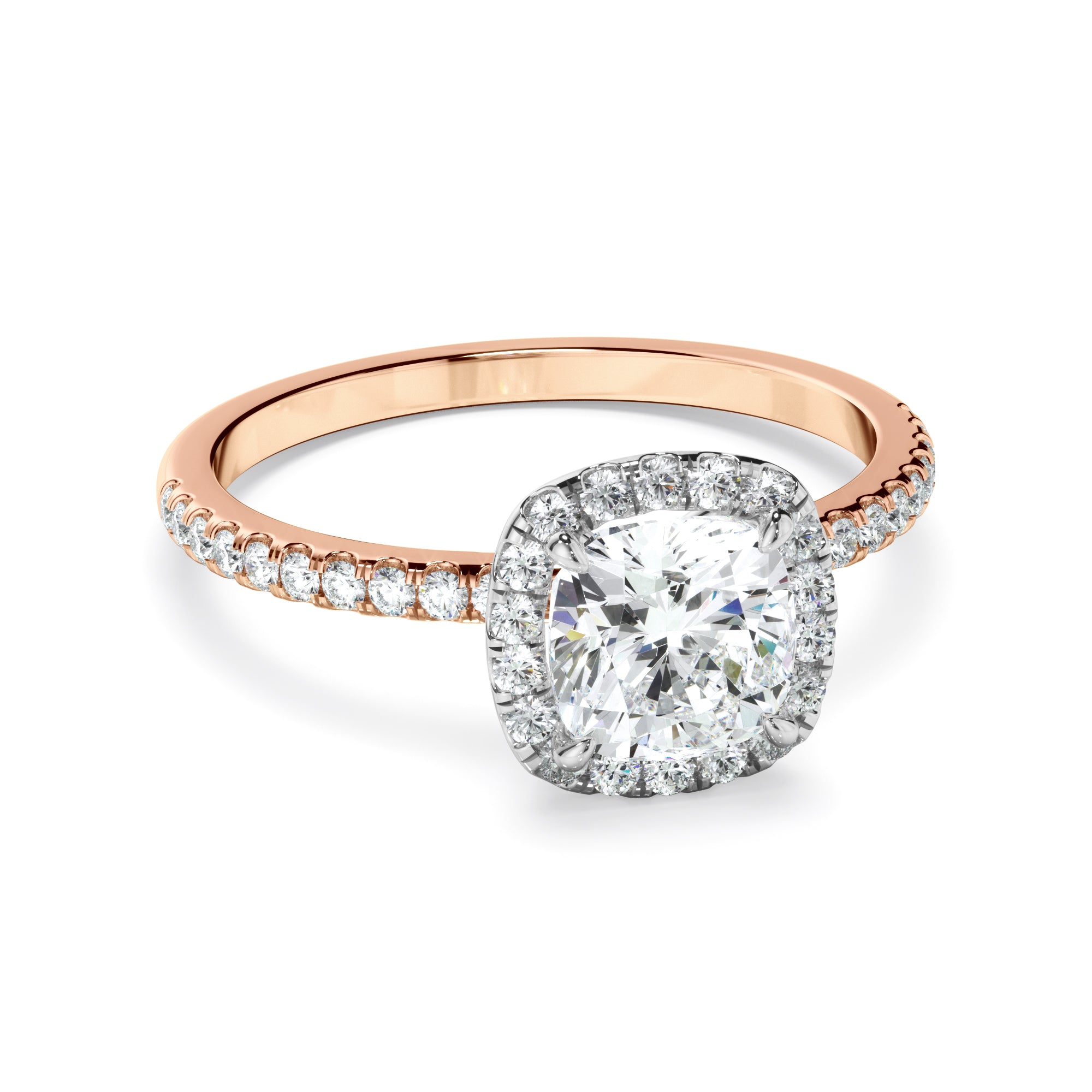 Katerina - Cushion Cut Diamond Halo Engagement Ring With Pave Band