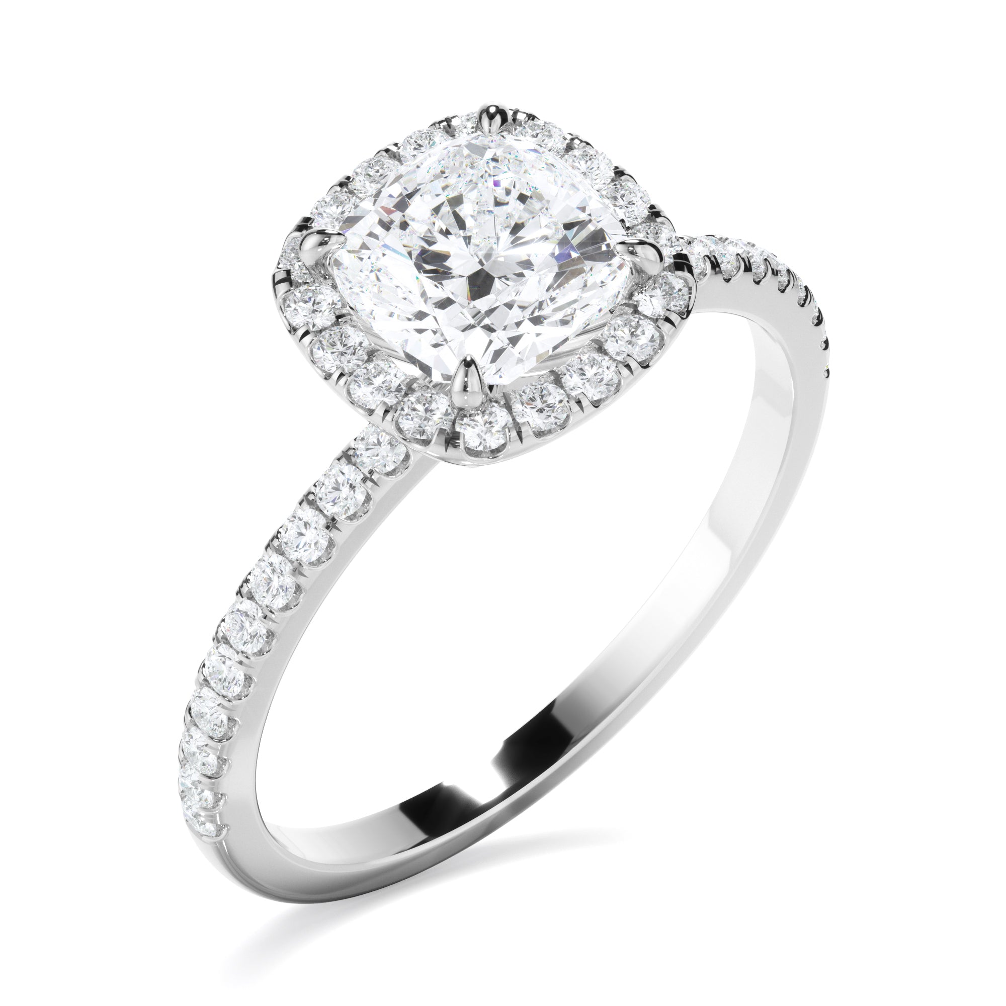 Katerina - Cushion Cut Diamond Halo Engagement Ring With Pave Band