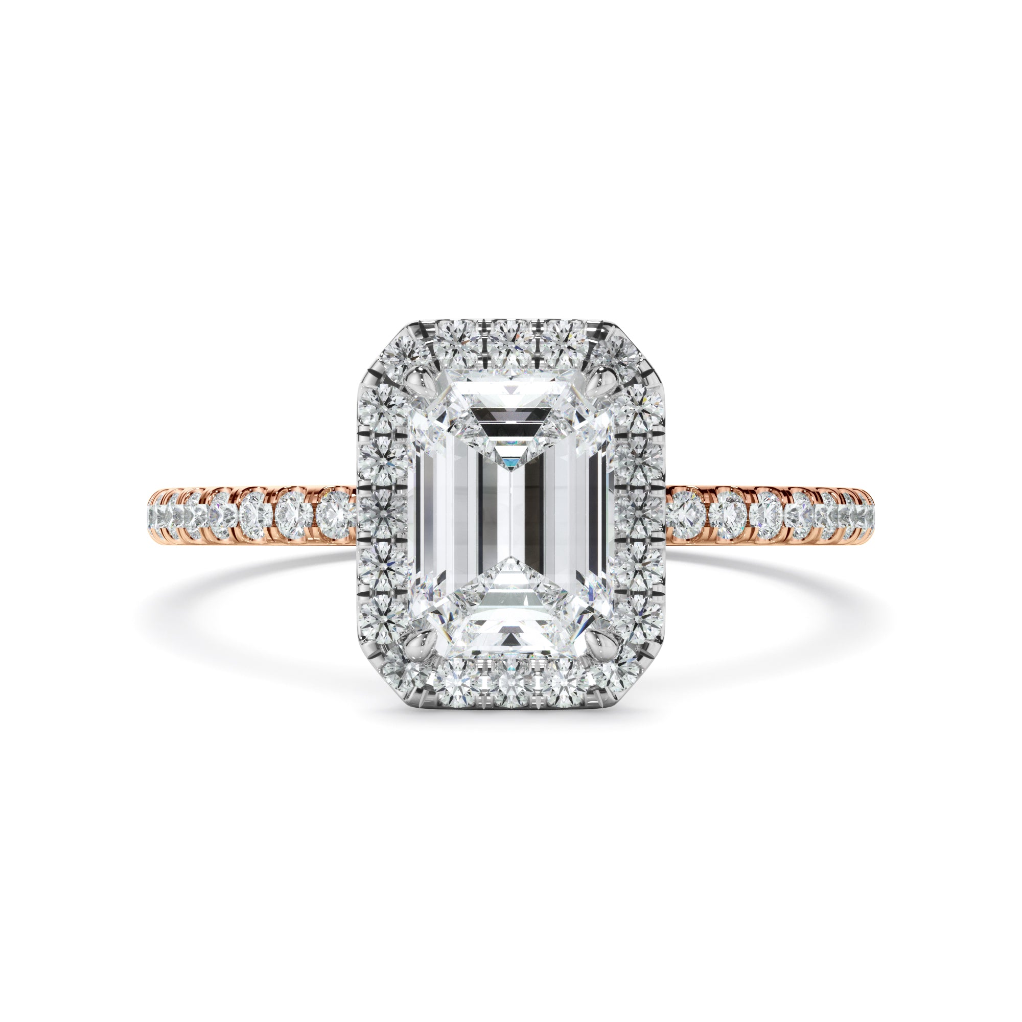 Azura - Emerald Cut Diamond Halo Engagement Ring With Pave Band