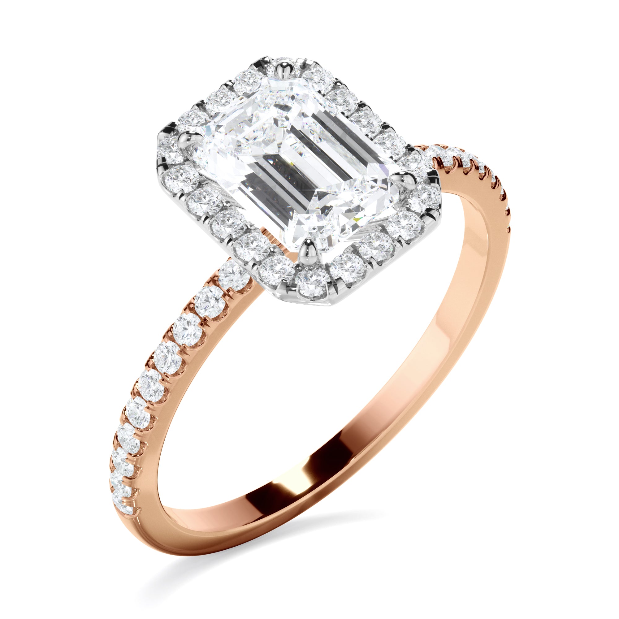 Azura - Emerald Cut Diamond Halo Engagement Ring With Pave Band