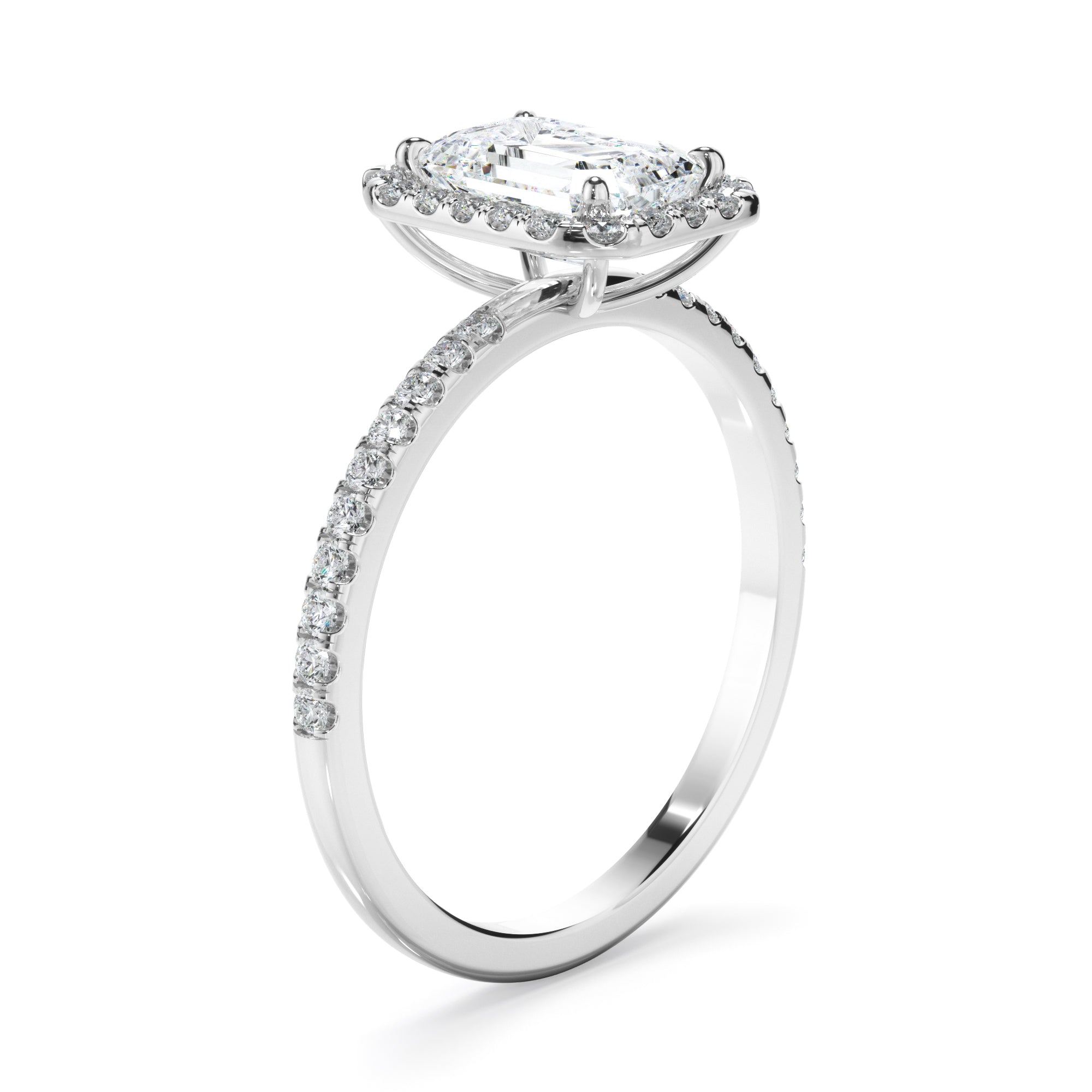 Azura - Emerald Cut Diamond Halo Engagement Ring With Pave Band