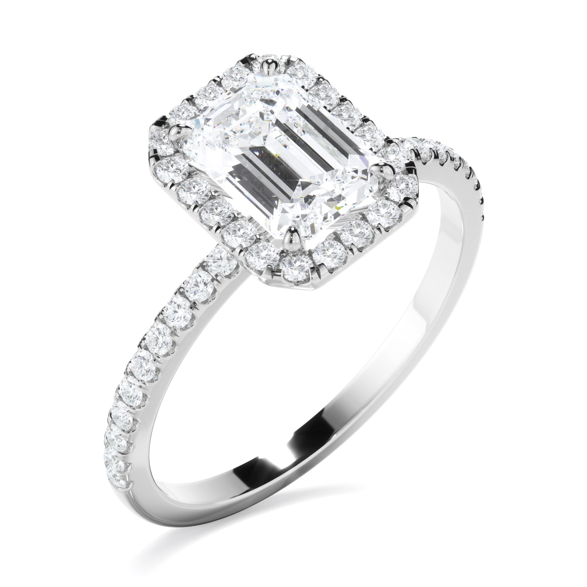 Azura - Emerald Cut Diamond Halo Engagement Ring With Pave Band