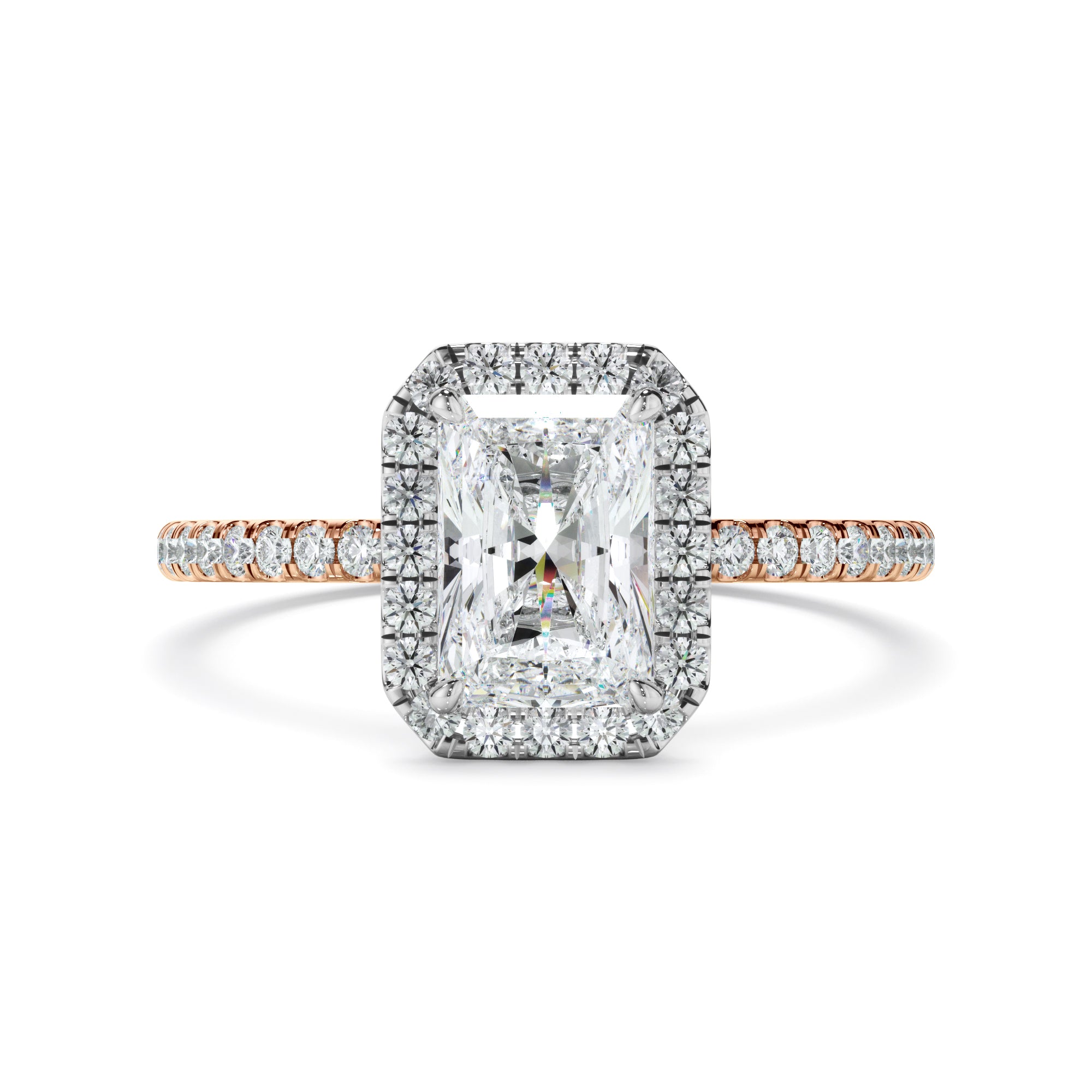 Victoria - Radiant Cut Diamond Halo Engagement Ring With Pave Band