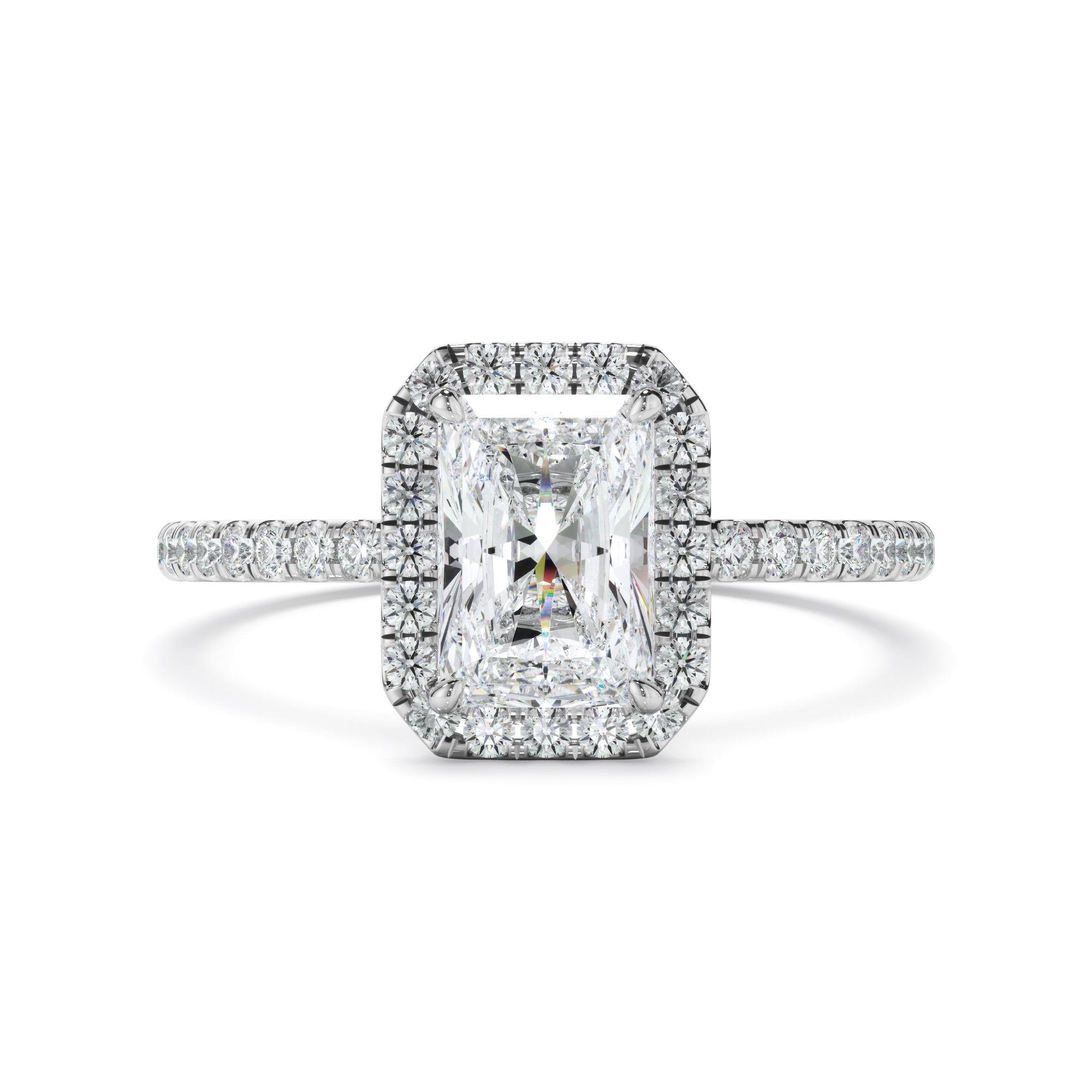 Victoria - Radiant Cut Diamond Halo Engagement Ring With Pave Band