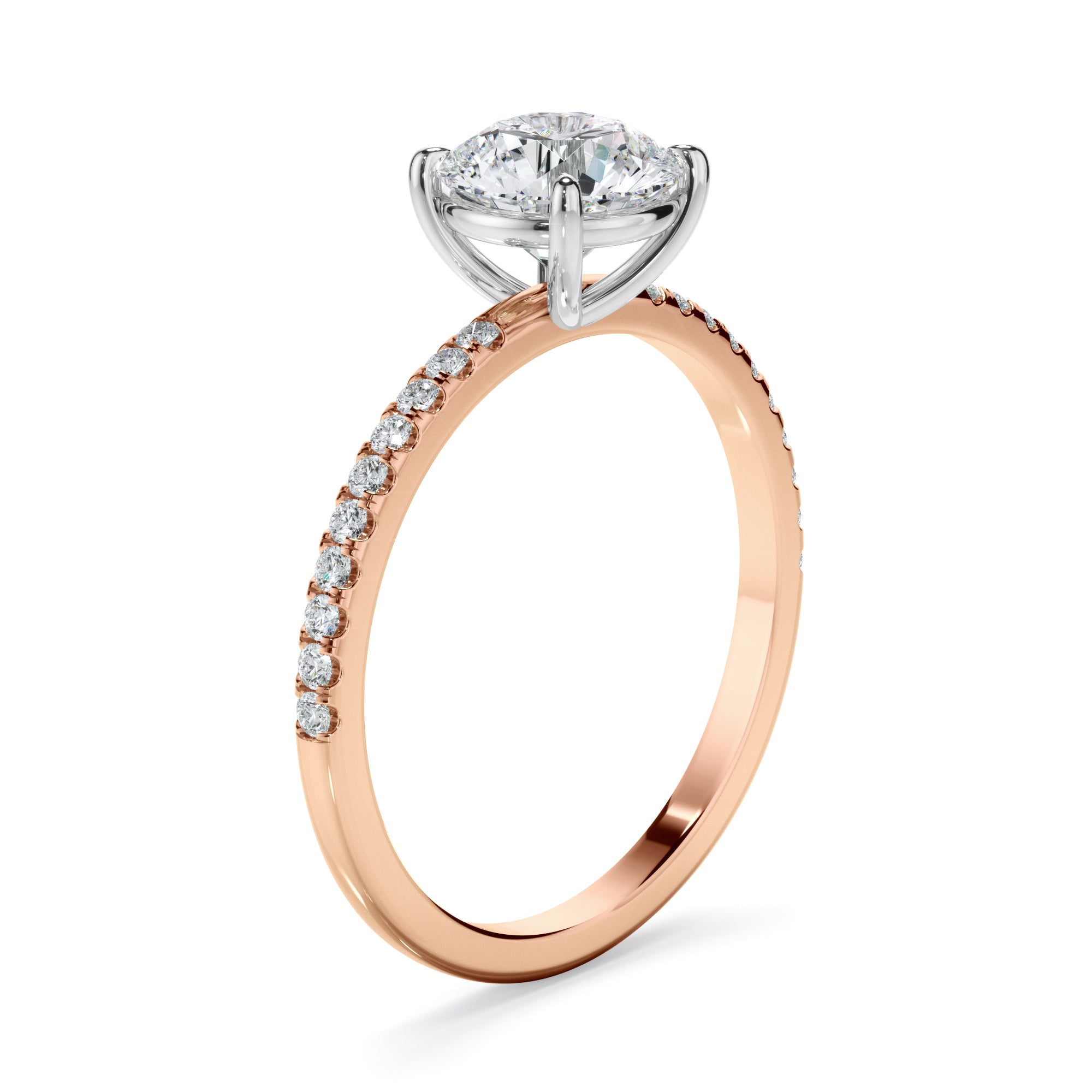 Evangeline - Round Brilliant Cut Diamond Solitaire Engagement Ring With Pave Band