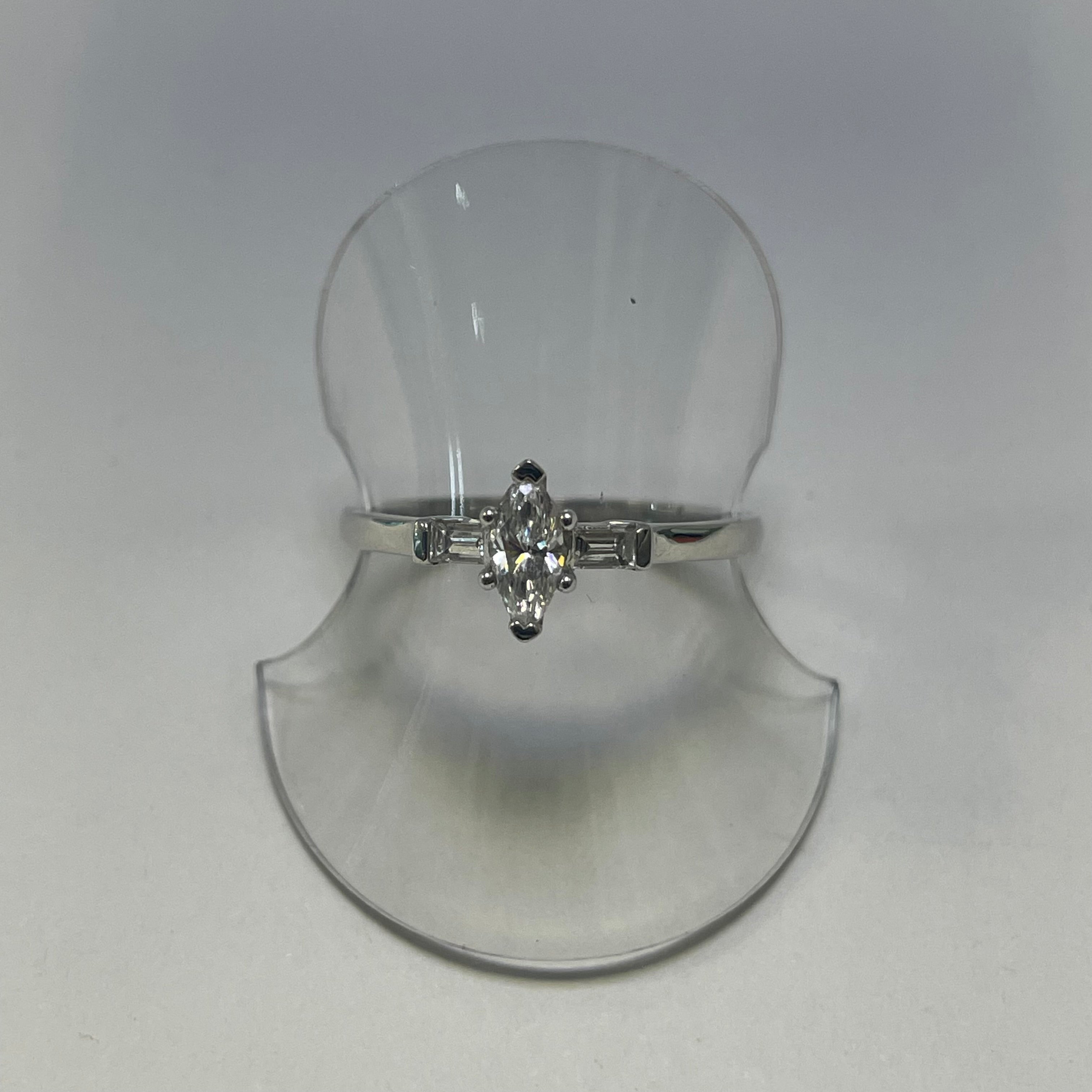 Ingrid Platinum Marquise Diamond Engagement Ring with Baguette Diamonds side stones (Size M)