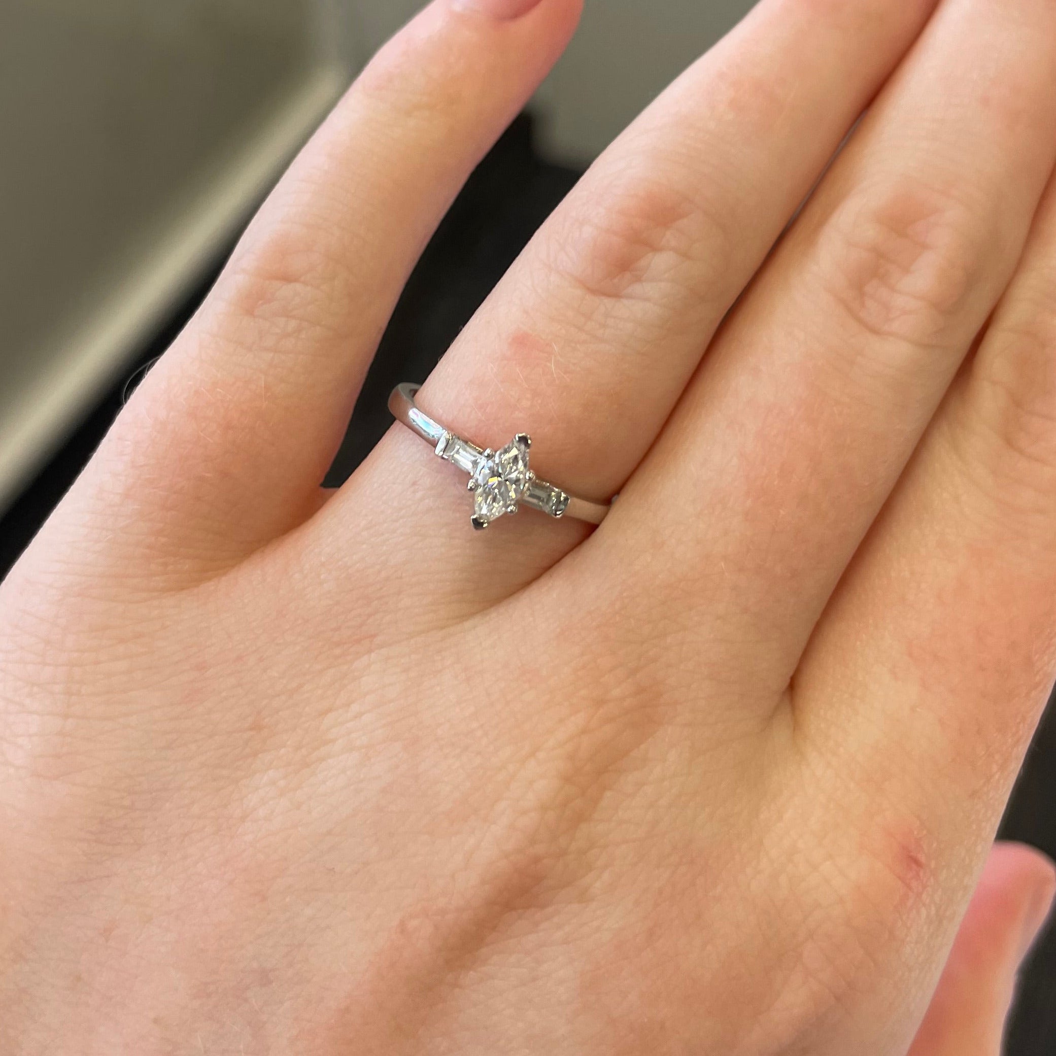Ingrid Platinum Marquise Diamond Engagement Ring with Baguette Diamonds side stones (Size M)