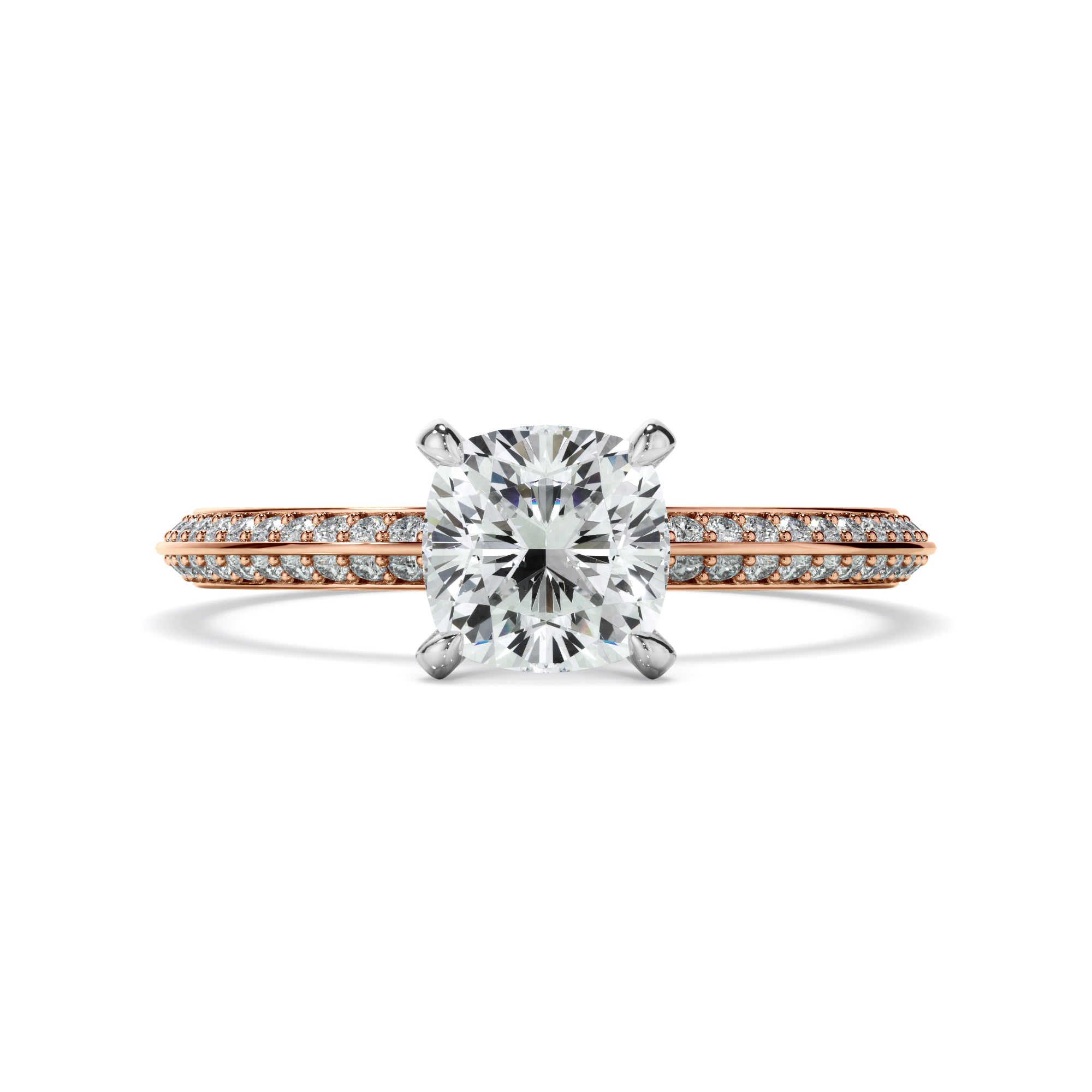 Serena - Cushion Cut Diamond Knife Edge Engagement Ring With Diamond Pave Sides