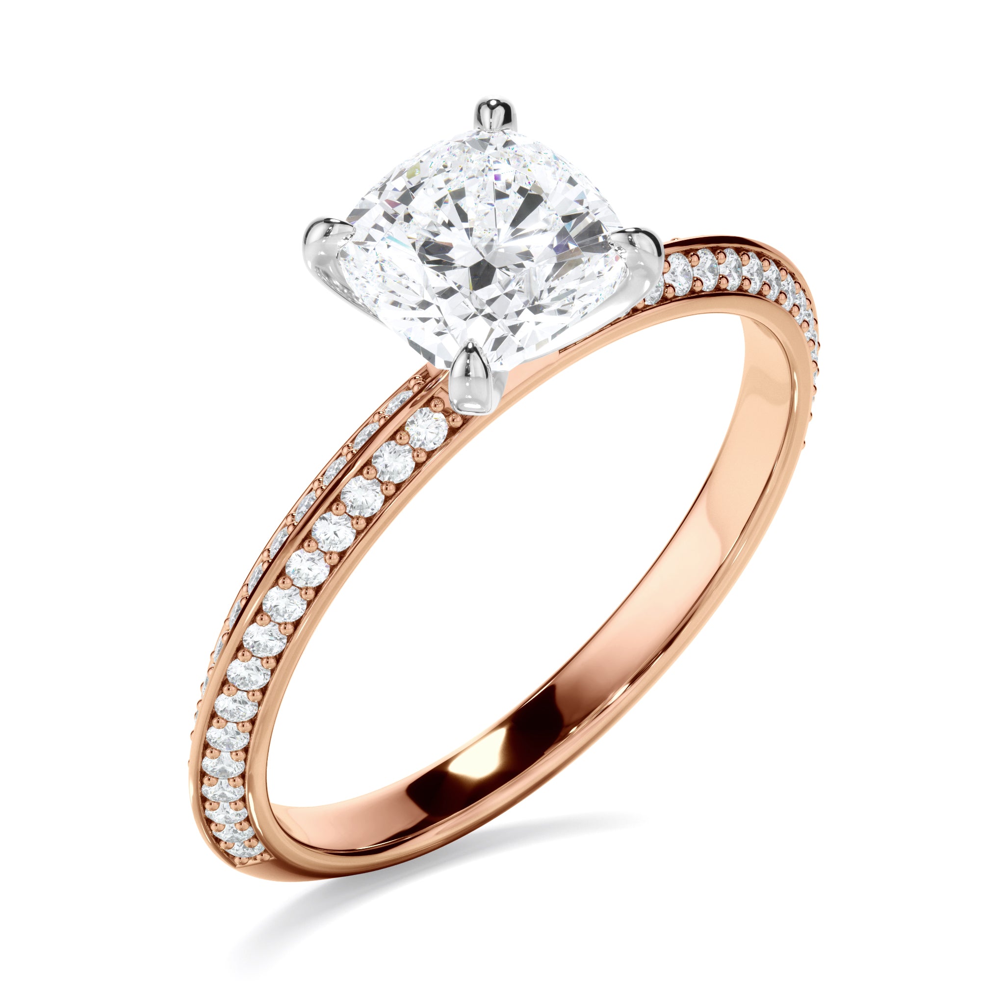 Serena - Cushion Cut Diamond Knife Edge Engagement Ring With Diamond Pave Sides