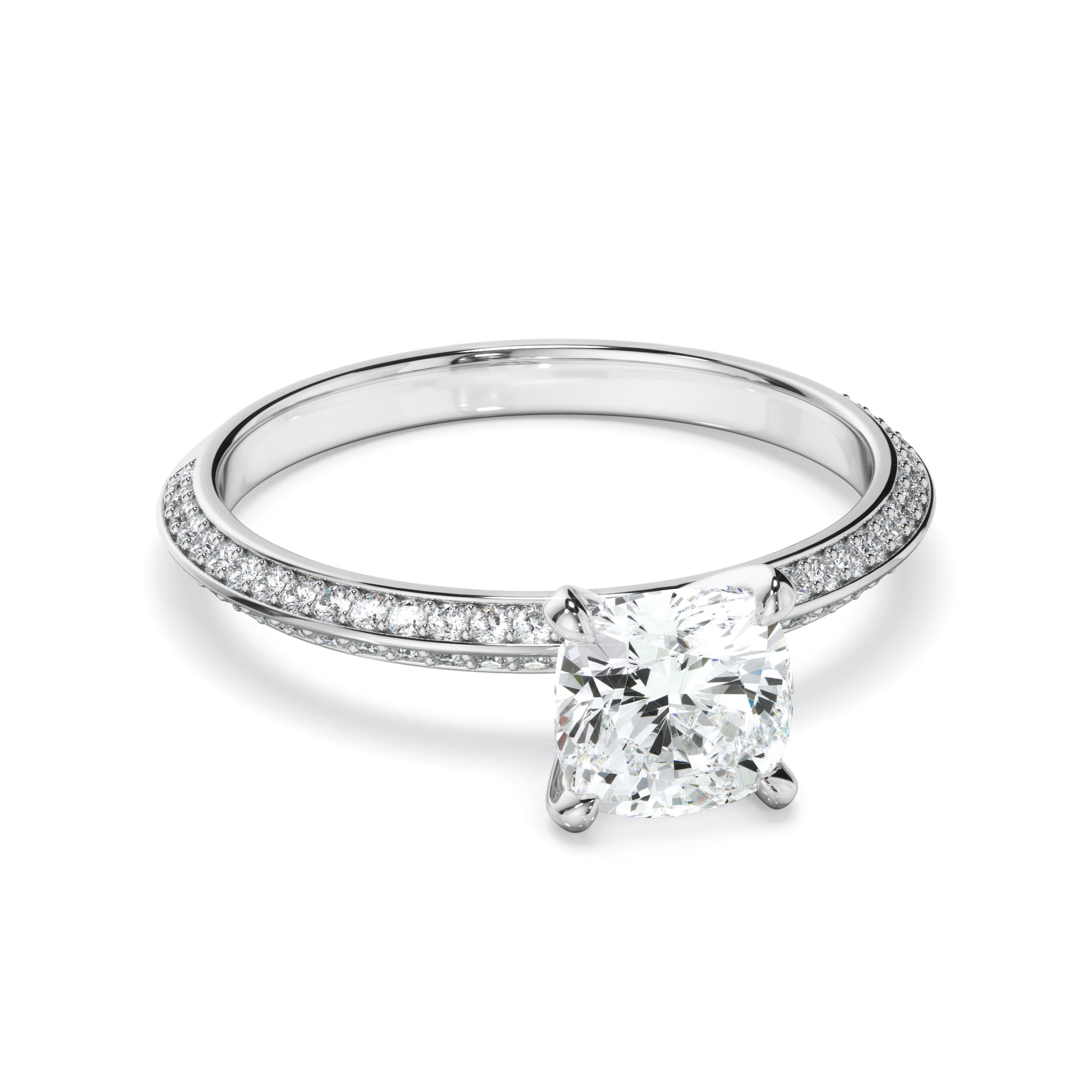 Serena - Cushion Cut Diamond Knife Edge Engagement Ring With Diamond Pave Sides