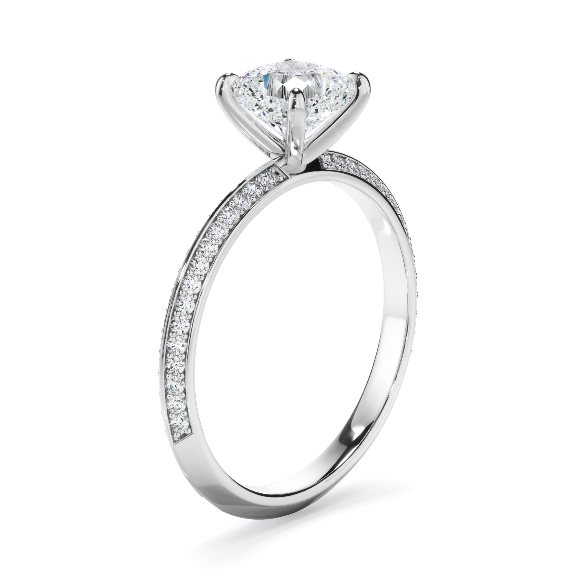 Serena - Cushion Cut Diamond Knife Edge Engagement Ring With Diamond Pave Sides