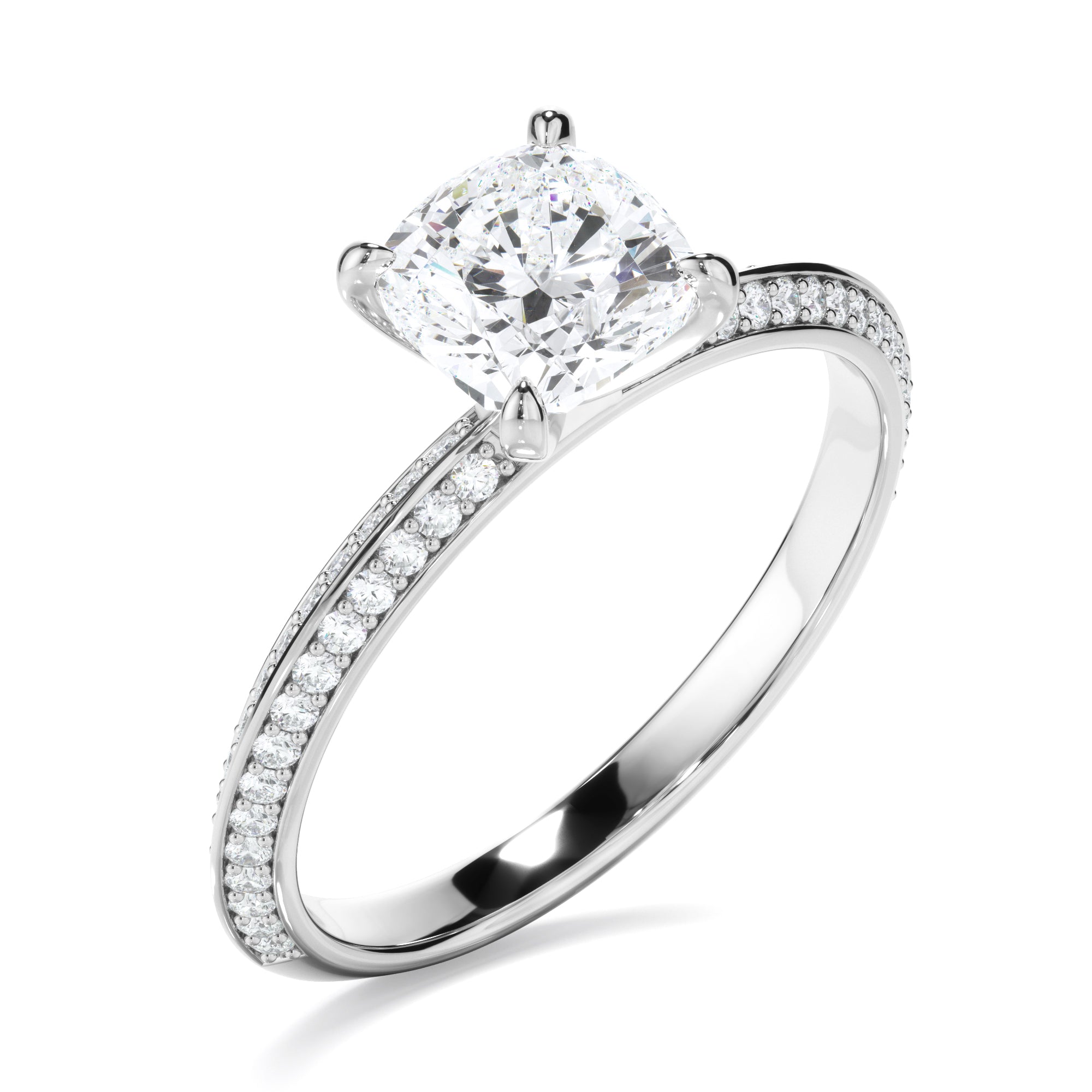 Serena - Cushion Cut Diamond Knife Edge Engagement Ring With Diamond Pave Sides