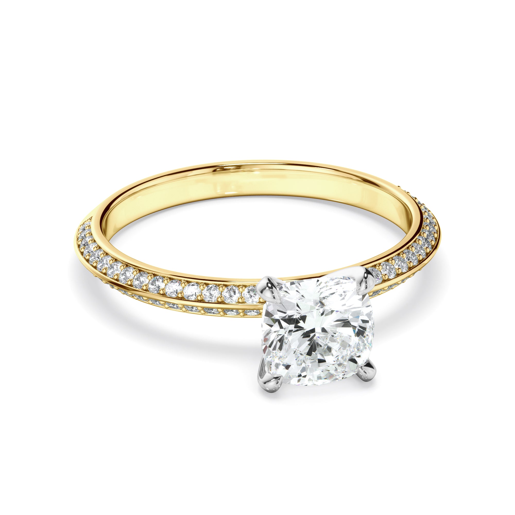 Serena - Cushion Cut Diamond Knife Edge Engagement Ring With Diamond Pave Sides