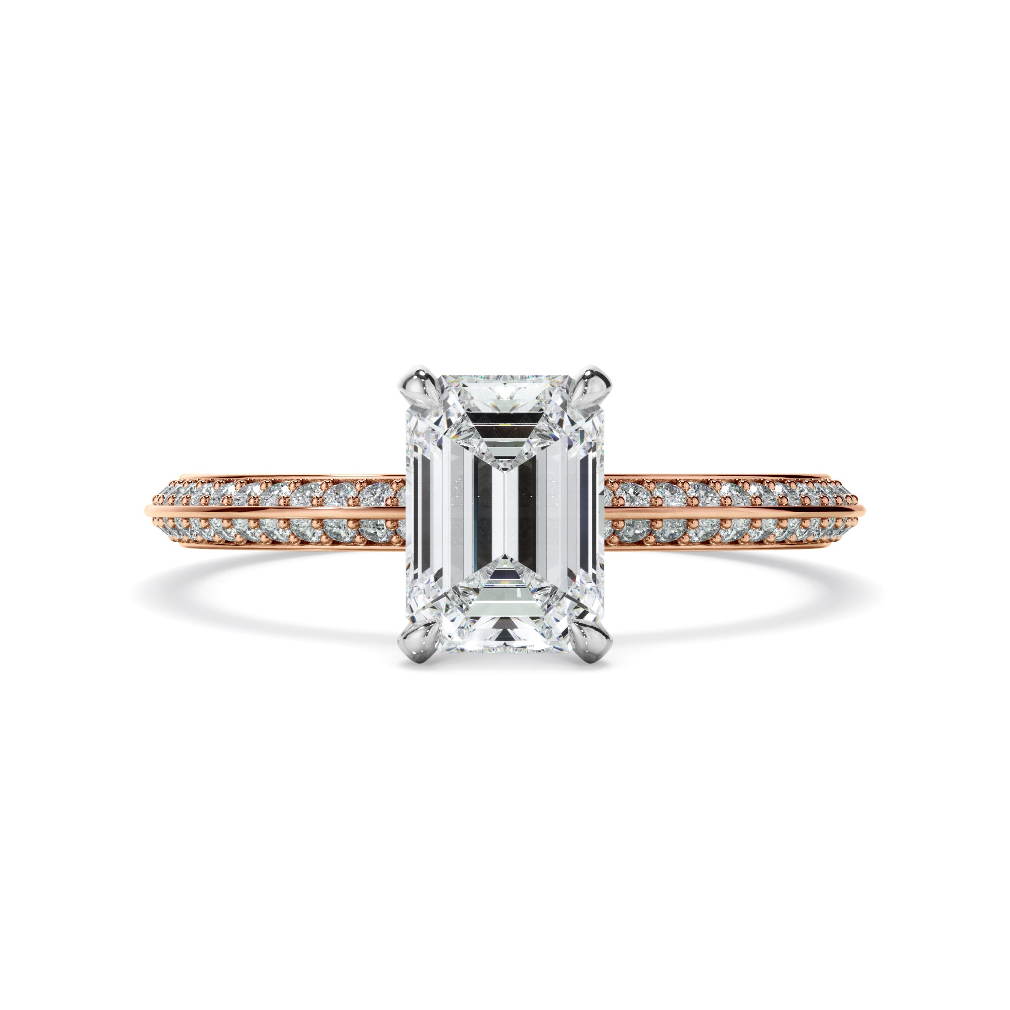 Astera - Emerald Cut Diamond Knife Edge Engagement Ring With Diamond Pave Sides