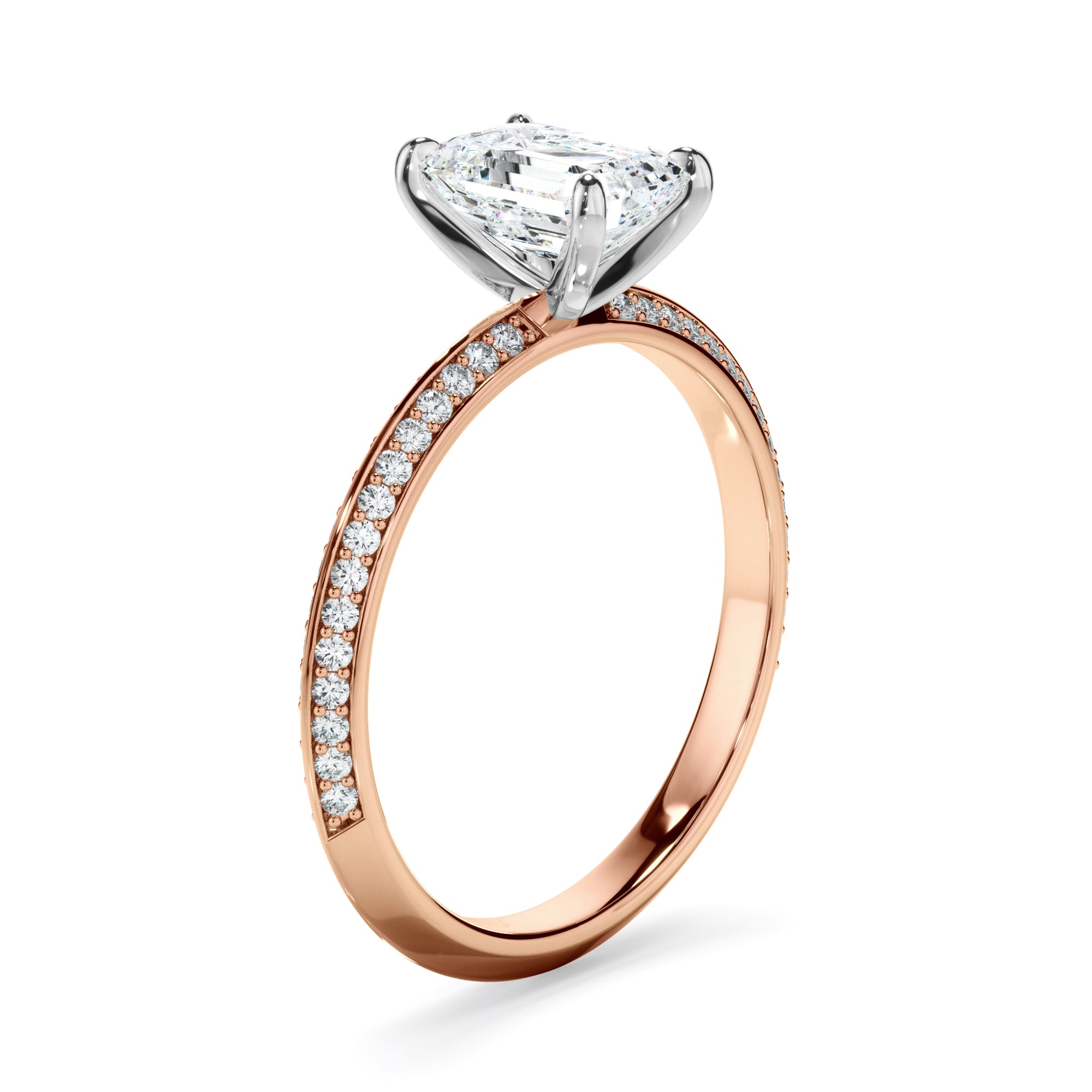Astera - Emerald Cut Diamond Knife Edge Engagement Ring With Diamond Pave Sides