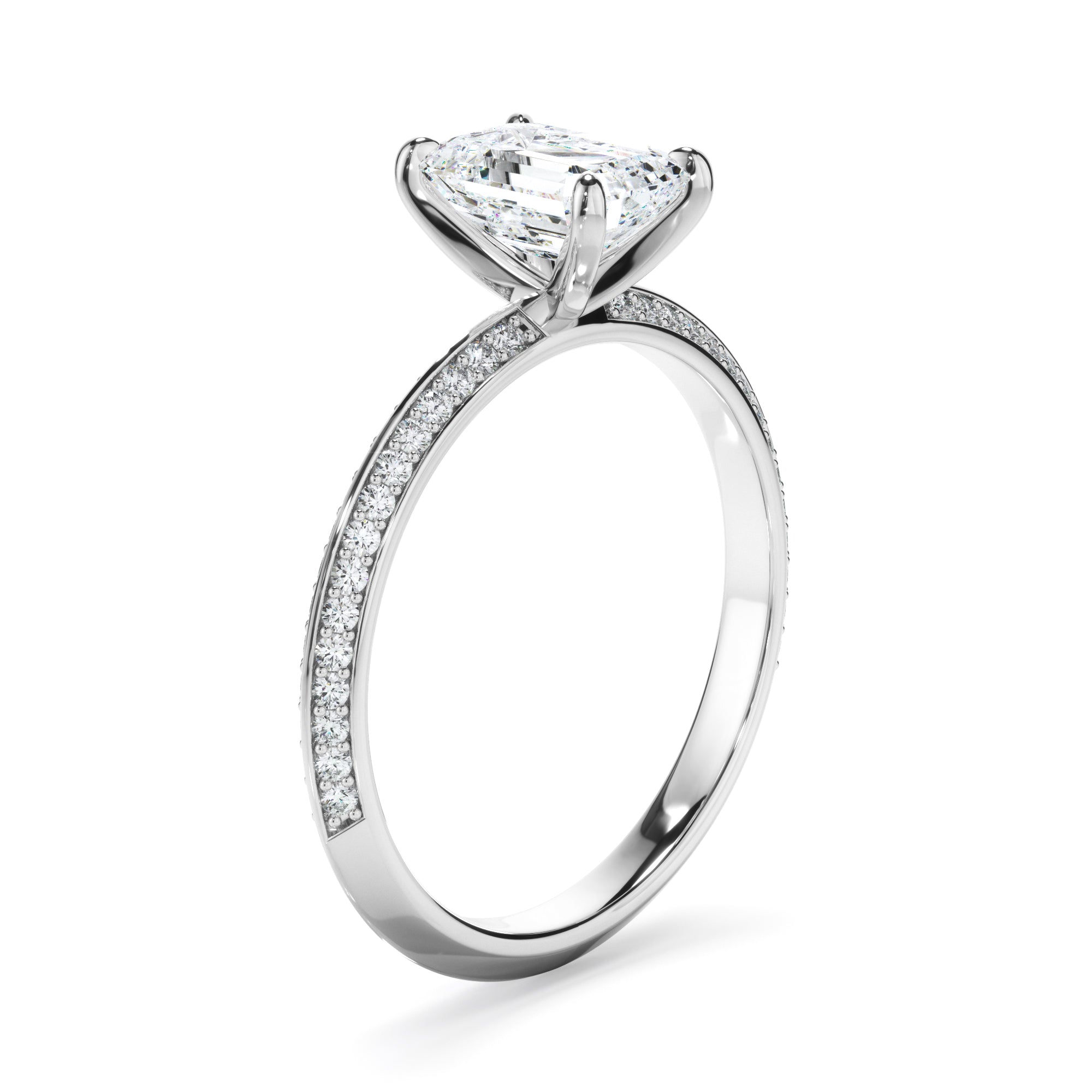 Astera - Emerald Cut Diamond Knife Edge Engagement Ring With Diamond Pave Sides