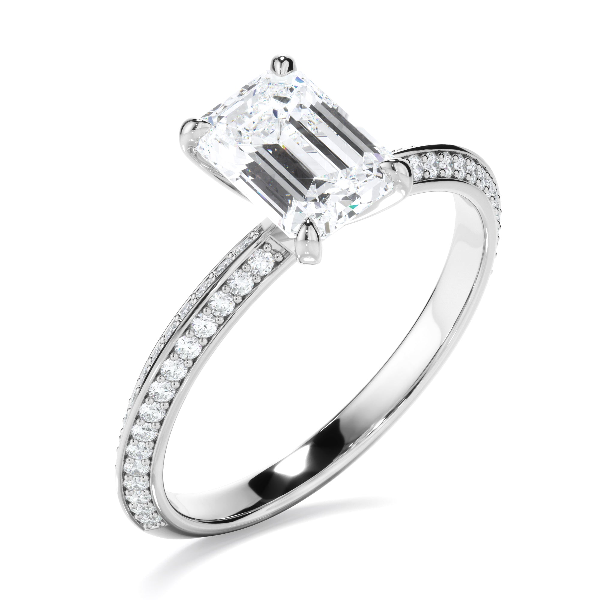 Astera - Emerald Cut Diamond Knife Edge Engagement Ring With Diamond Pave Sides