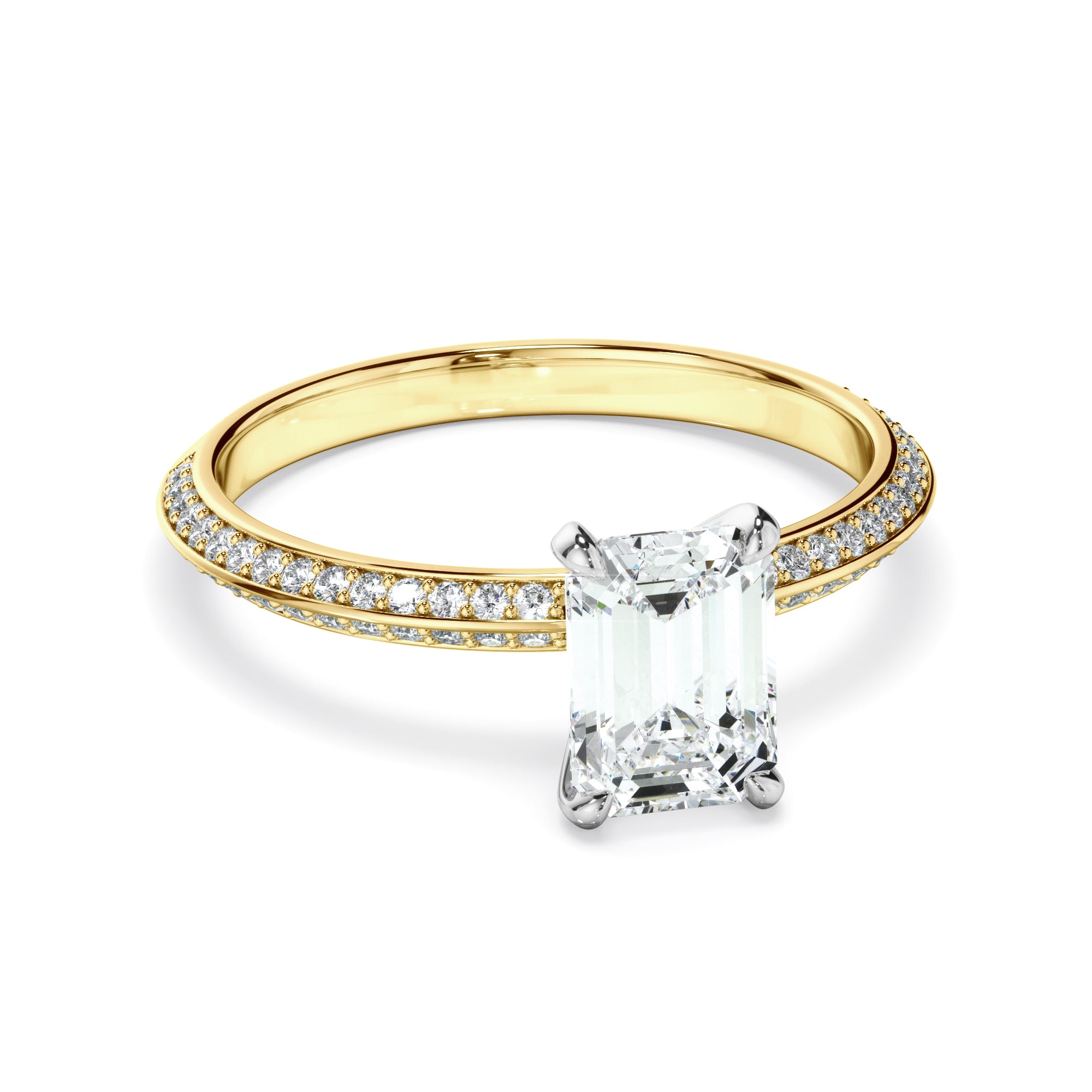 Astera - Emerald Cut Diamond Knife Edge Engagement Ring With Diamond Pave Sides