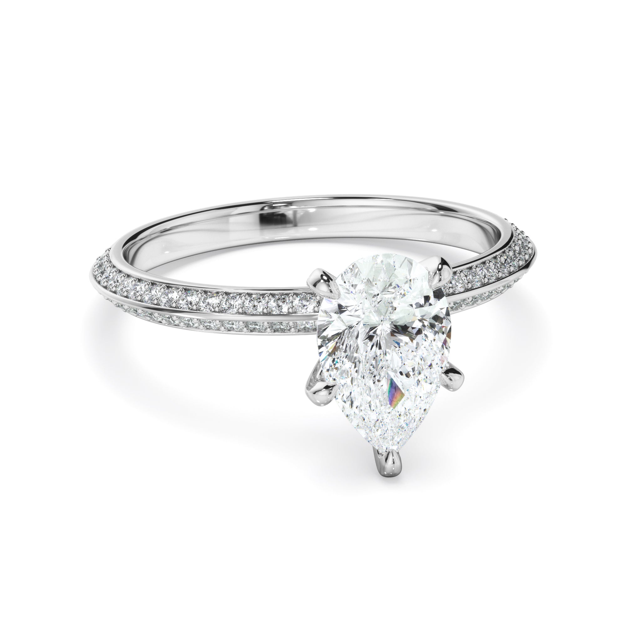 Marcella - Pear Cut Diamond Knife Edge Engagement Ring With Diamond Pave Sides