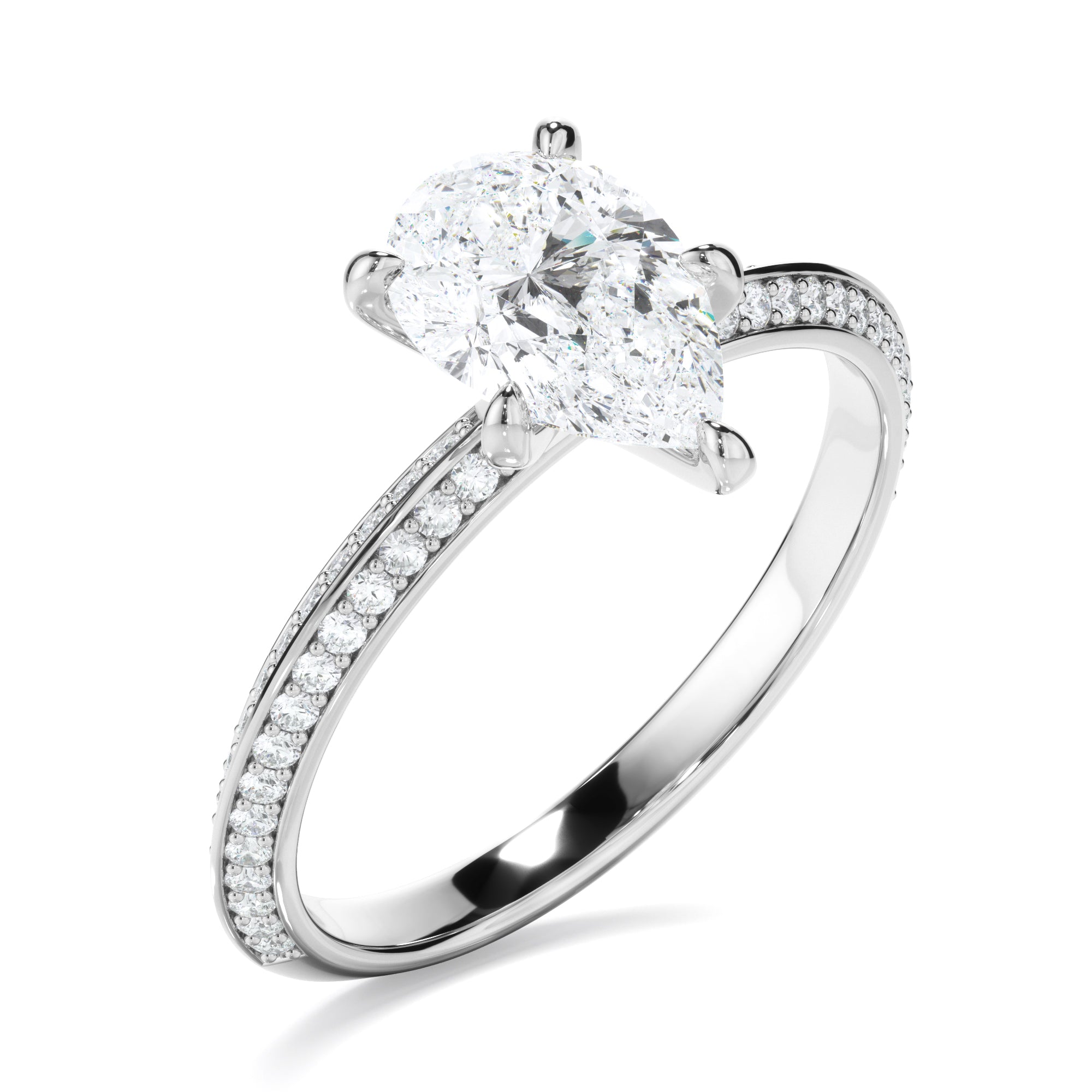 Marcella - Pear Cut Diamond Knife Edge Engagement Ring With Diamond Pave Sides