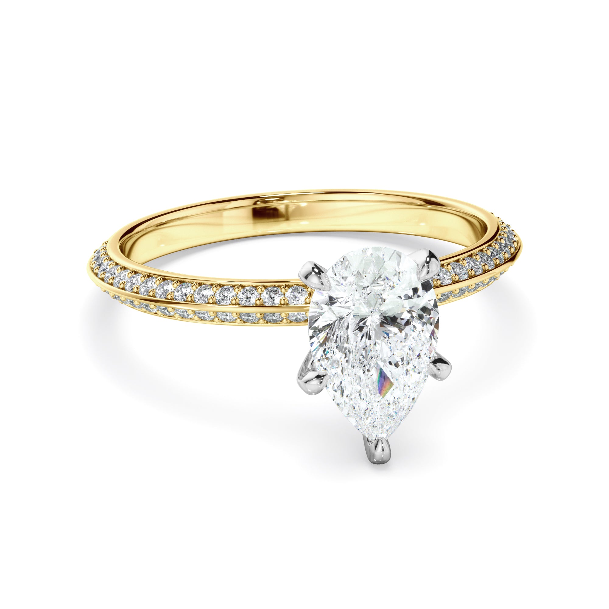 Marcella - Pear Cut Diamond Knife Edge Engagement Ring With Diamond Pave Sides