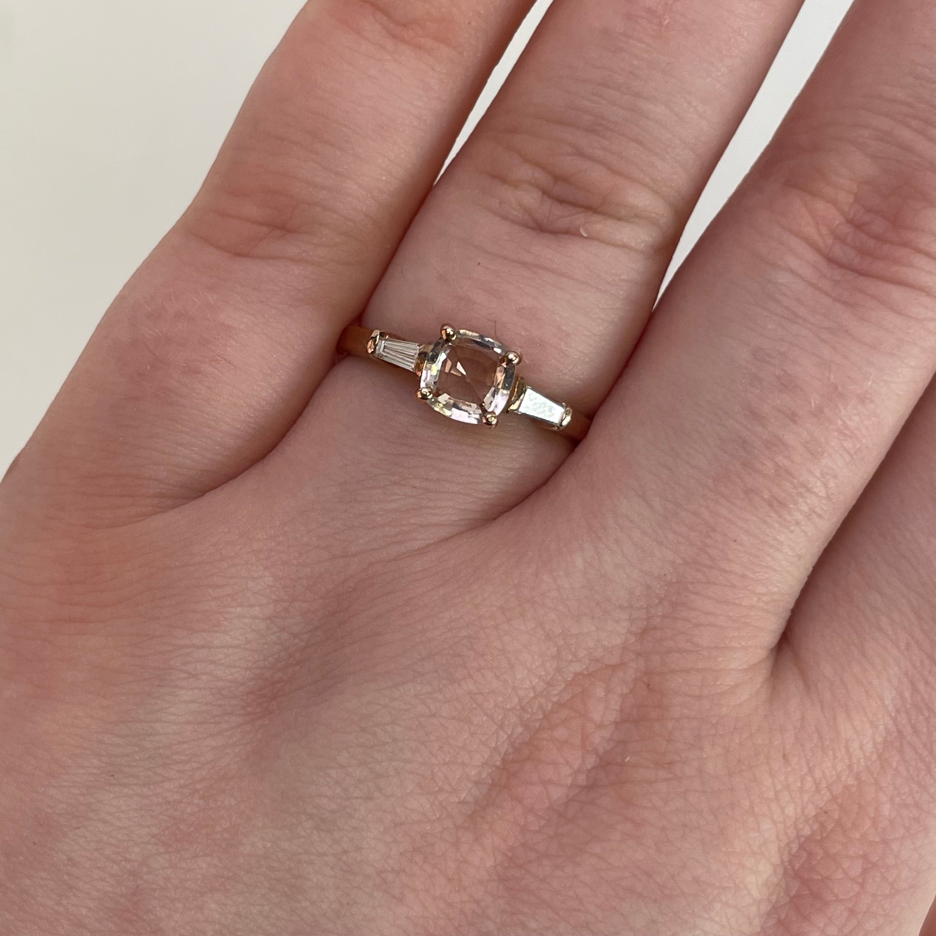 9ct Rose Gold Cushion Cut Morganite Tapered Diamond Baguette Side Stones (Size O)