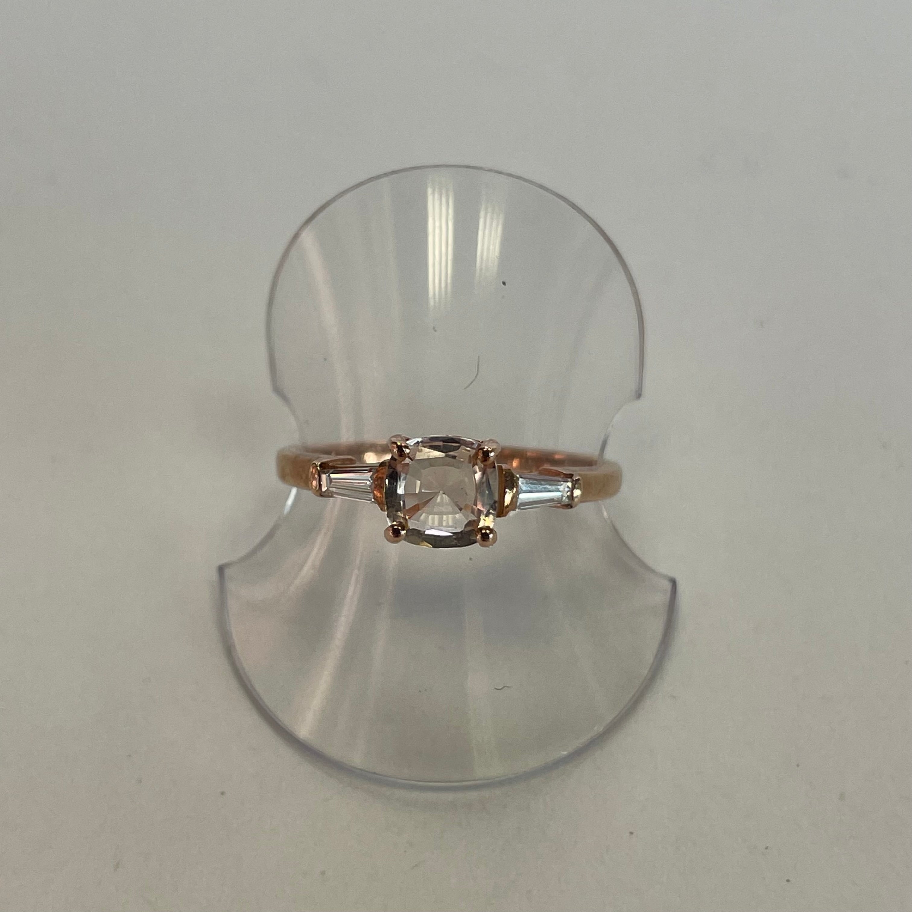9ct Rose Gold Cushion Cut Morganite Tapered Diamond Baguette Side Stones (Size O)