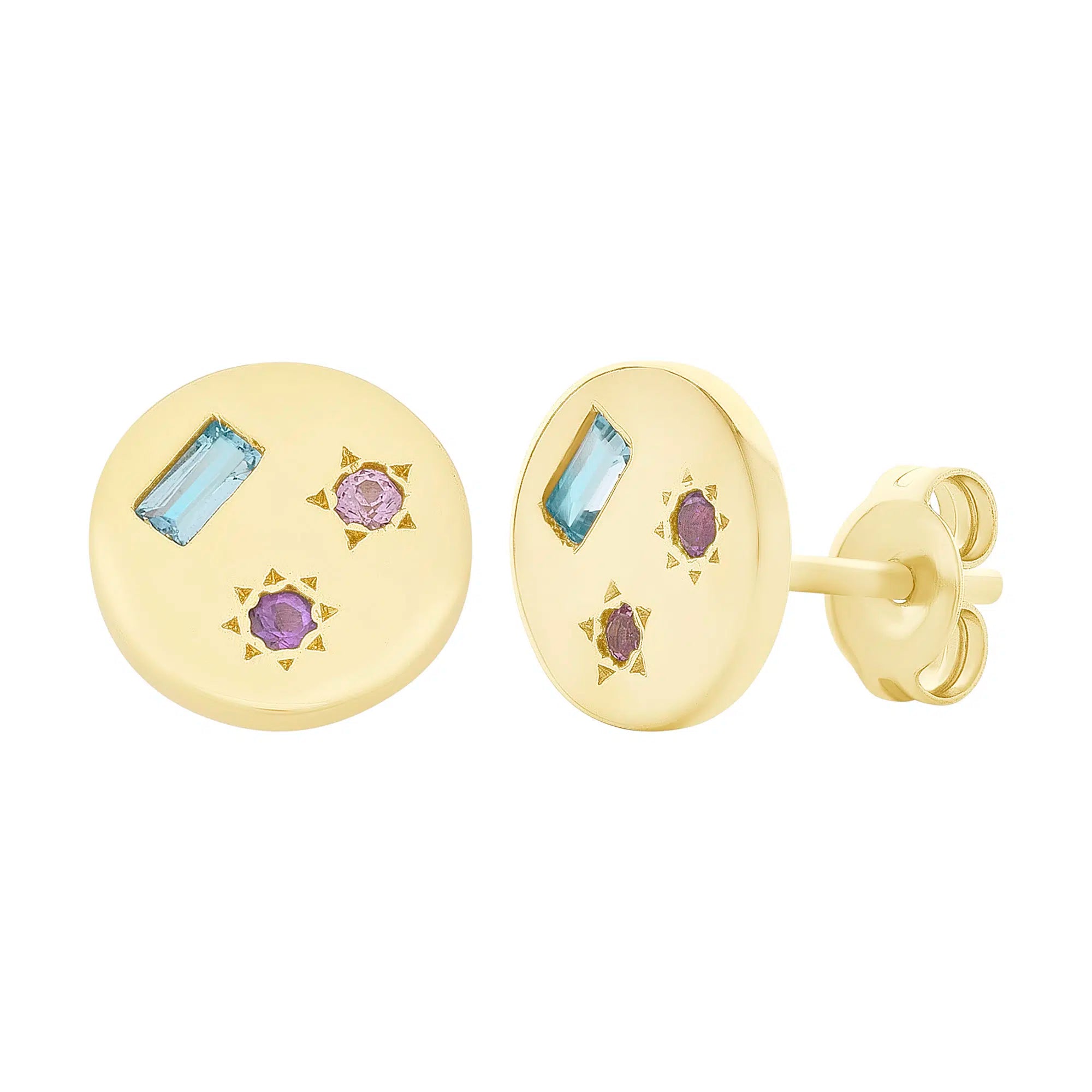 9ct Gold Blue Topaz, Amethyst & Created Pink Sapphire Stud Earrings