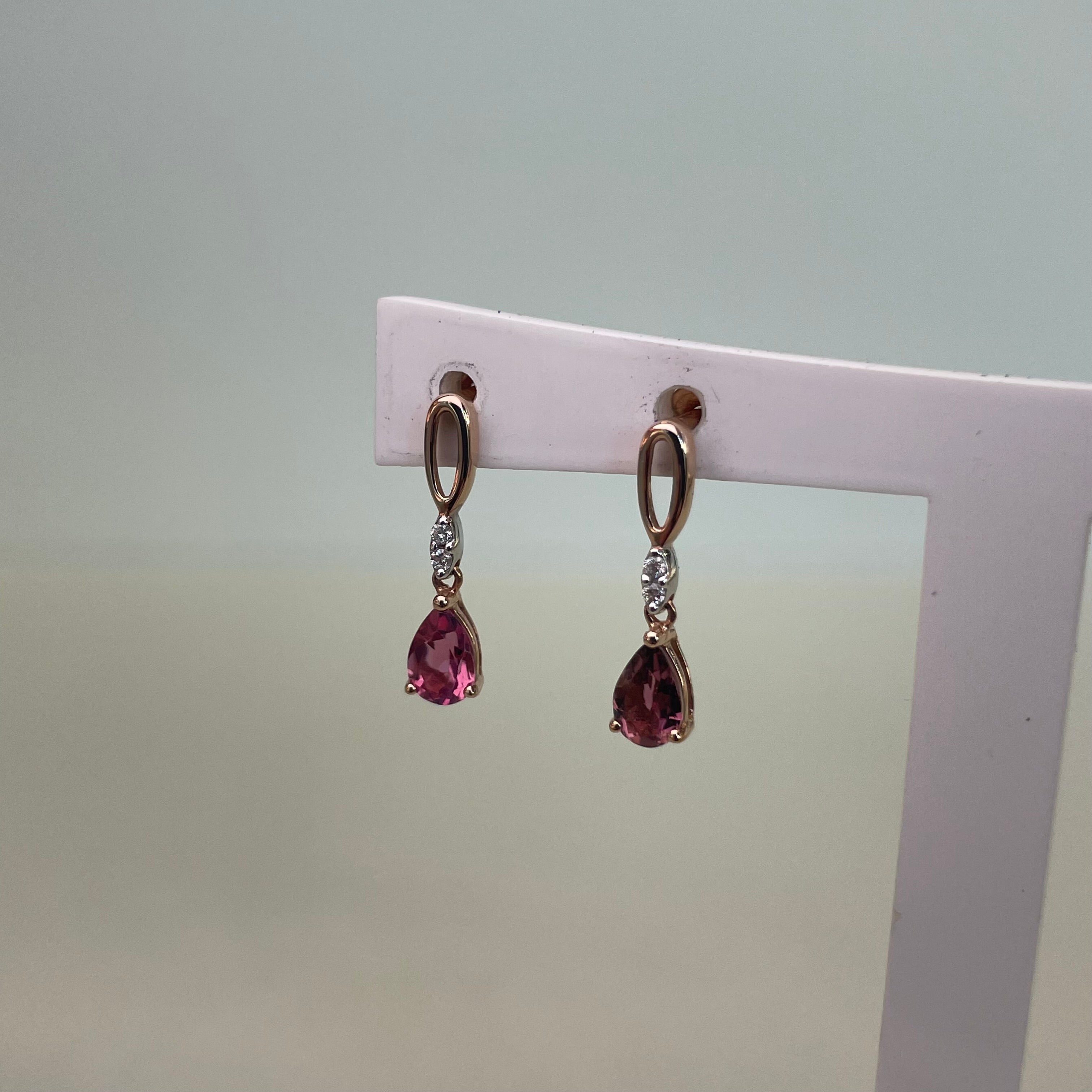Persephone 9ct Rose Gold Pink Tourmaline Pear Dangle Diamond Earrings