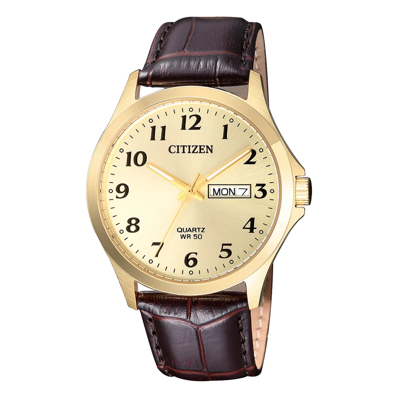 Citizen Mens Gold Dial Dress Watch Brown Leather Band
