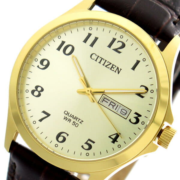 Citizen Mens Gold Dial Dress Watch Brown Leather Band