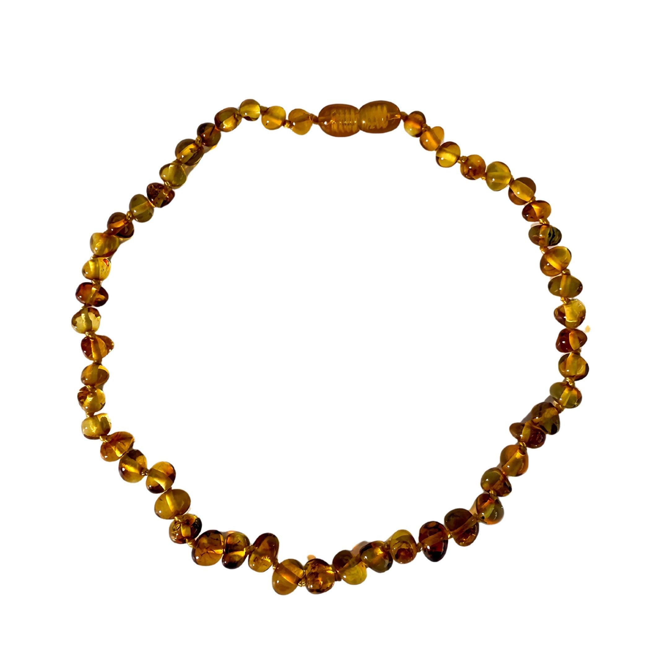 Beaded amber necklace on a white background