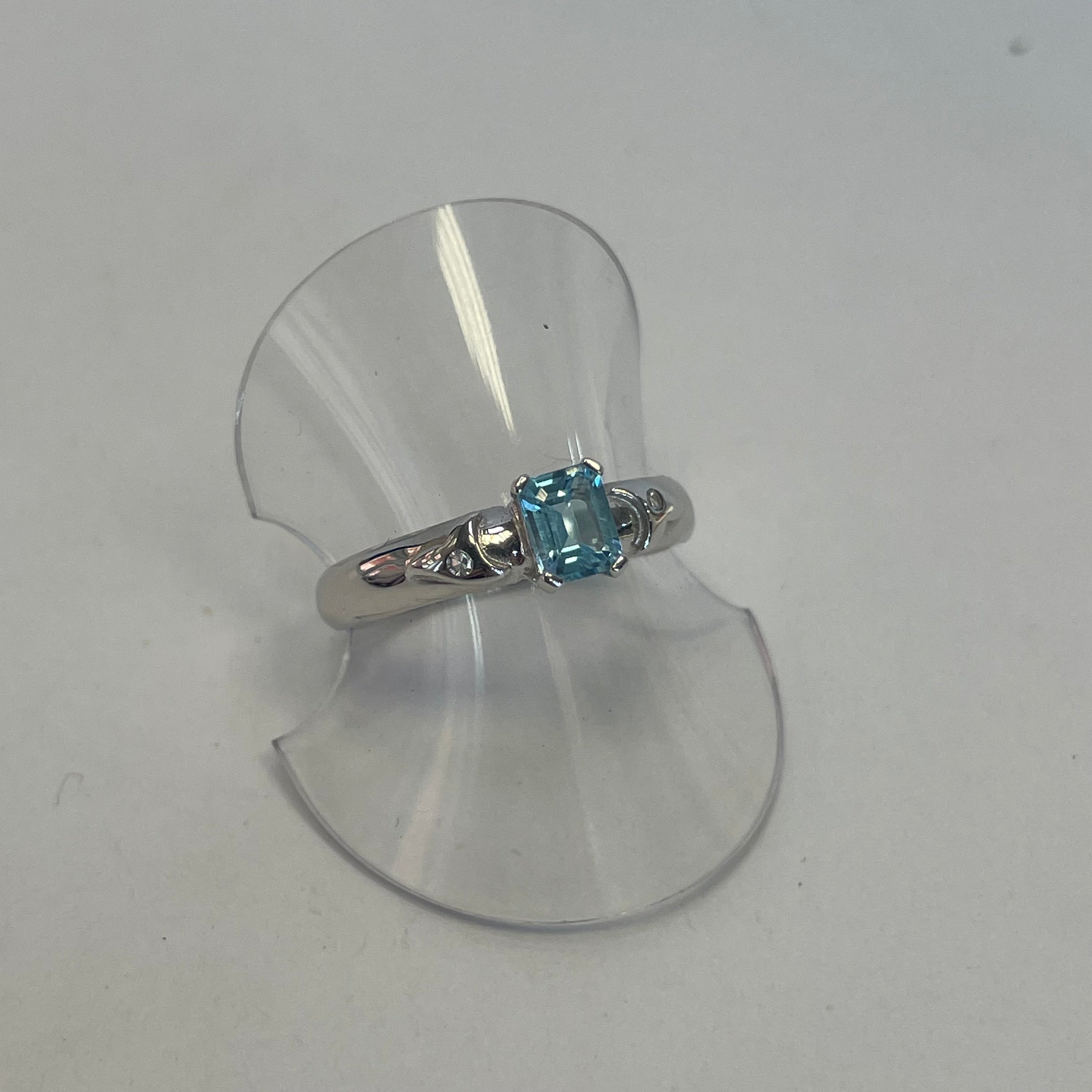 Celine 9ct White Gold Emerald Cut Blue Topaz Diamond Ring (Size M)