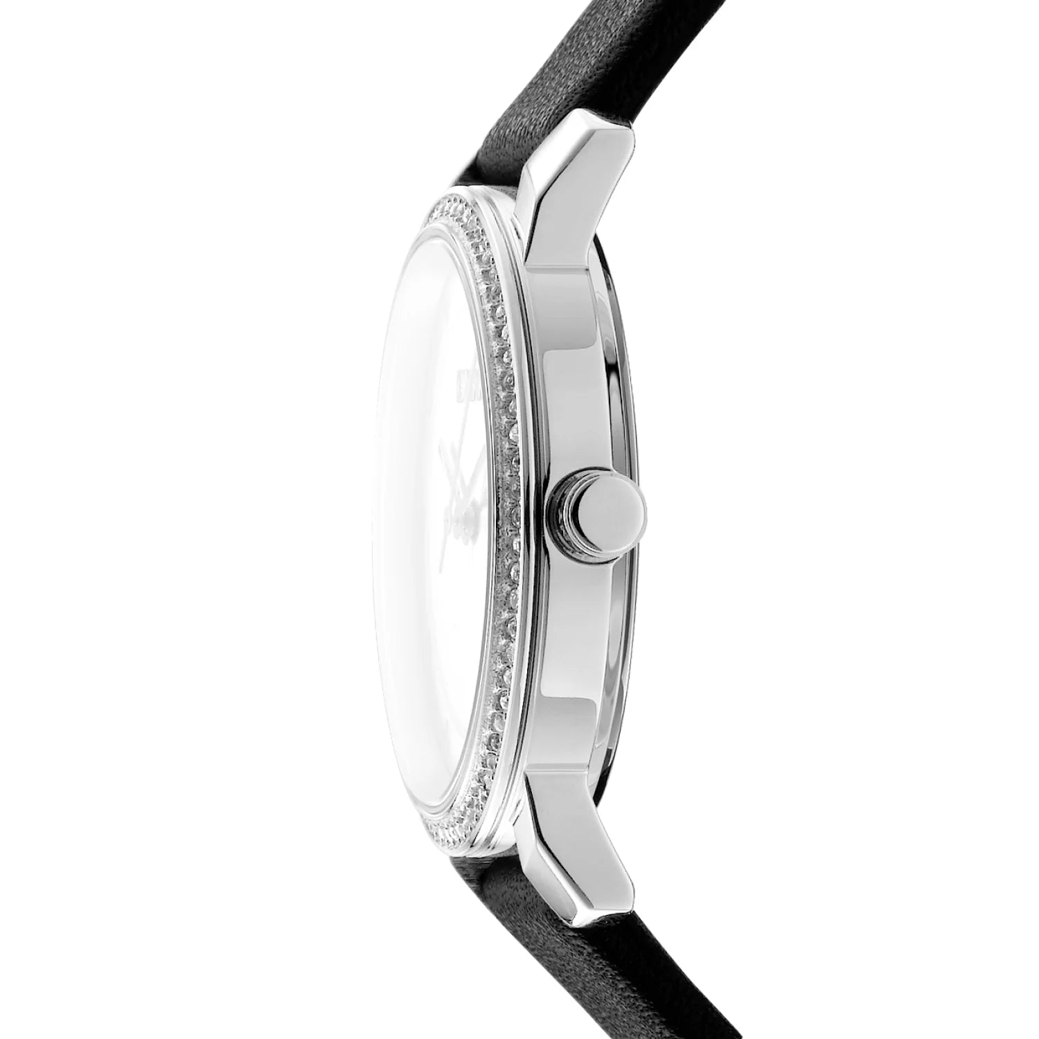 DKNY Astoria Glitz Silver Dial Black Leather Strap Ladies Watch