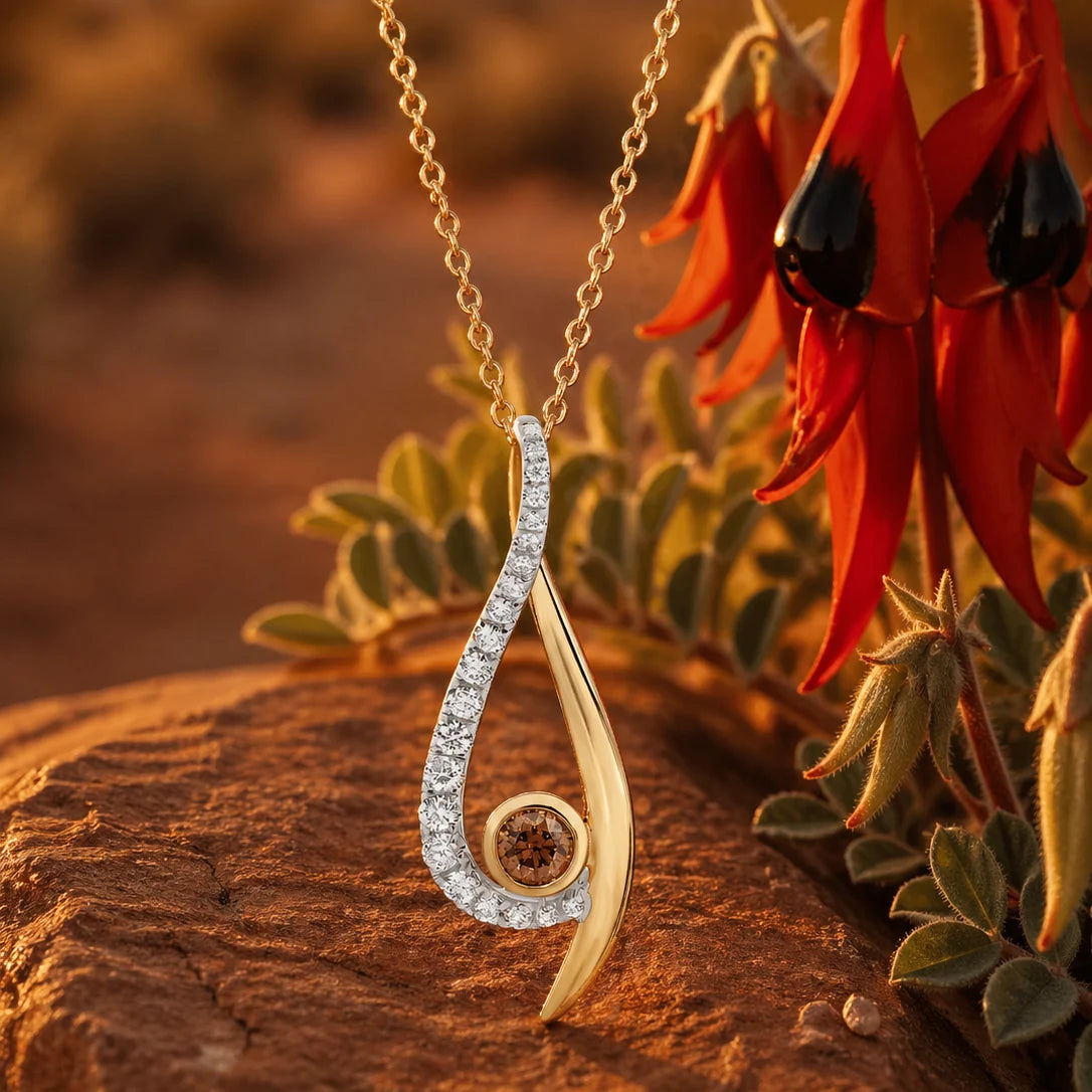 Desert Pea 9ct Yellow Gold Chocolate Diamond Pendant Necklace