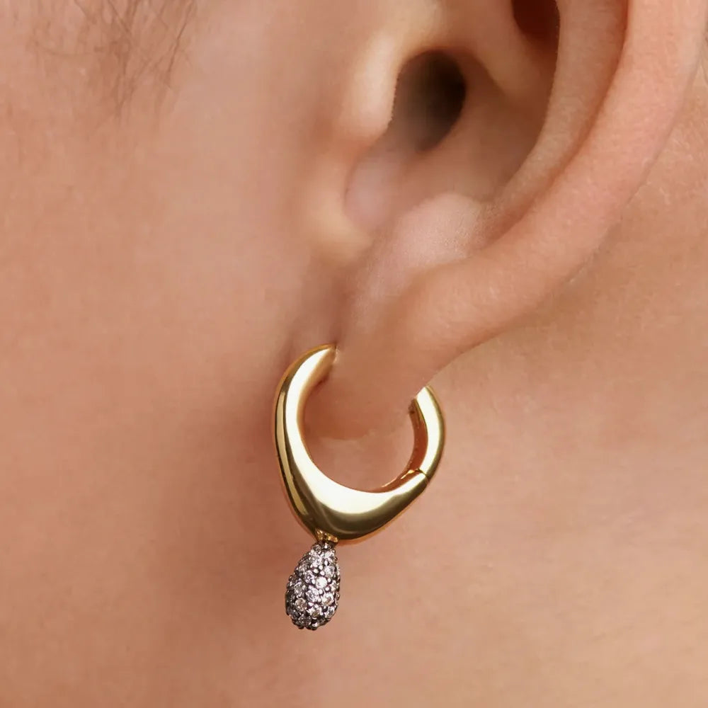 Gold Plated Pave Lava Single Hoop Earring
