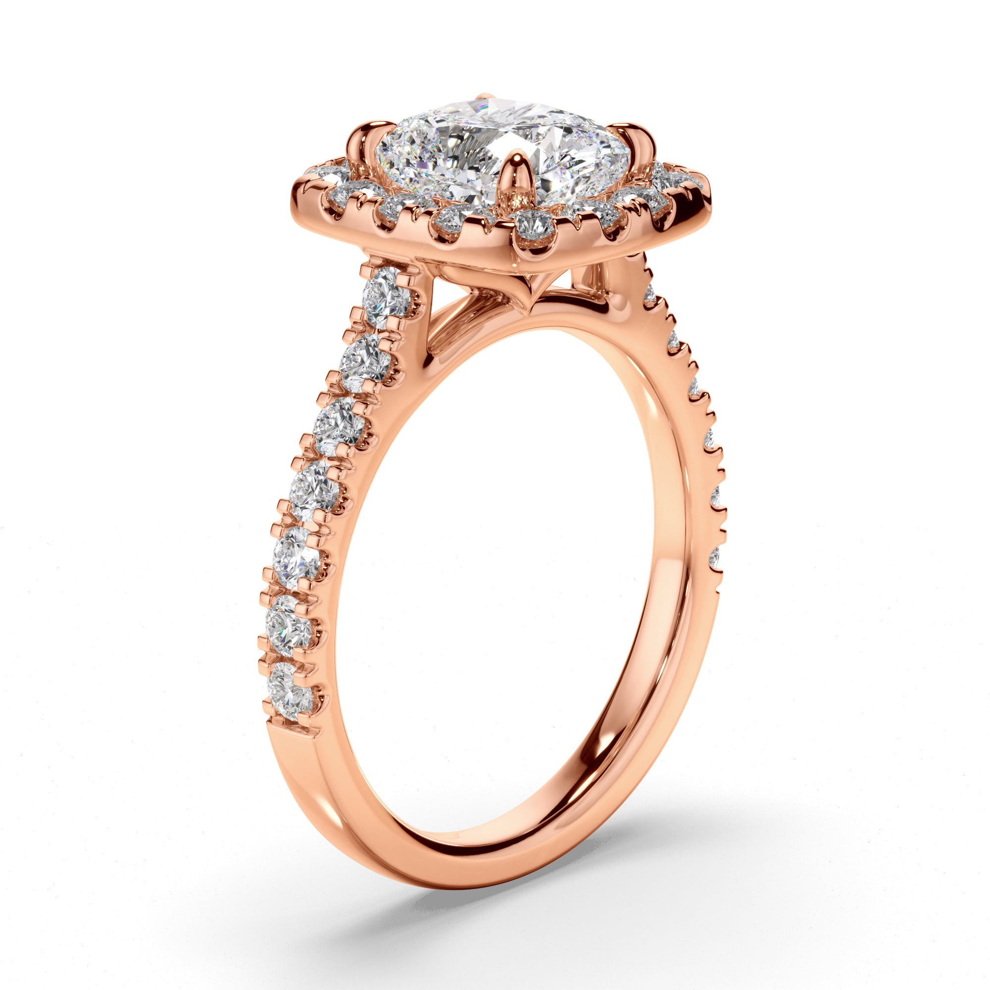 Amelie - Cushion Cut Diamond Halo Engagement Ring with Diamond Sides