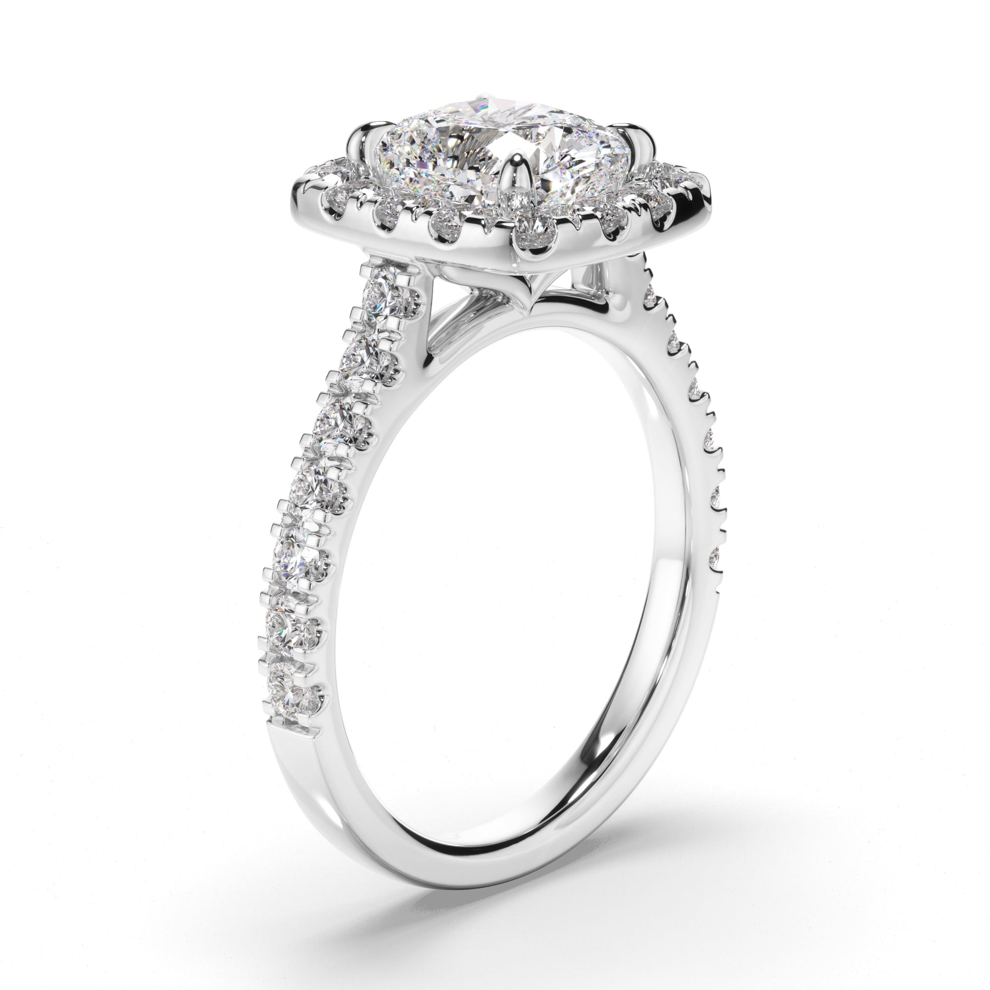 Amelie - Cushion Cut Diamond Halo Engagement Ring with Diamond Sides