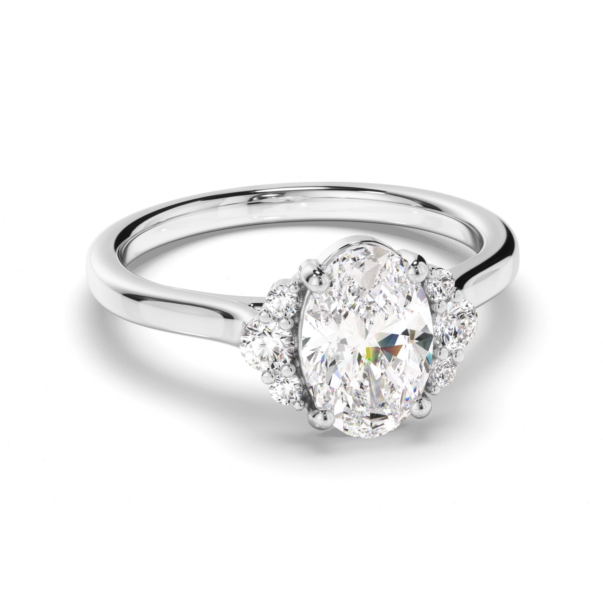 Natalia - Oval Cut Diamond Engagement Ring with Diamond Cluster Sides