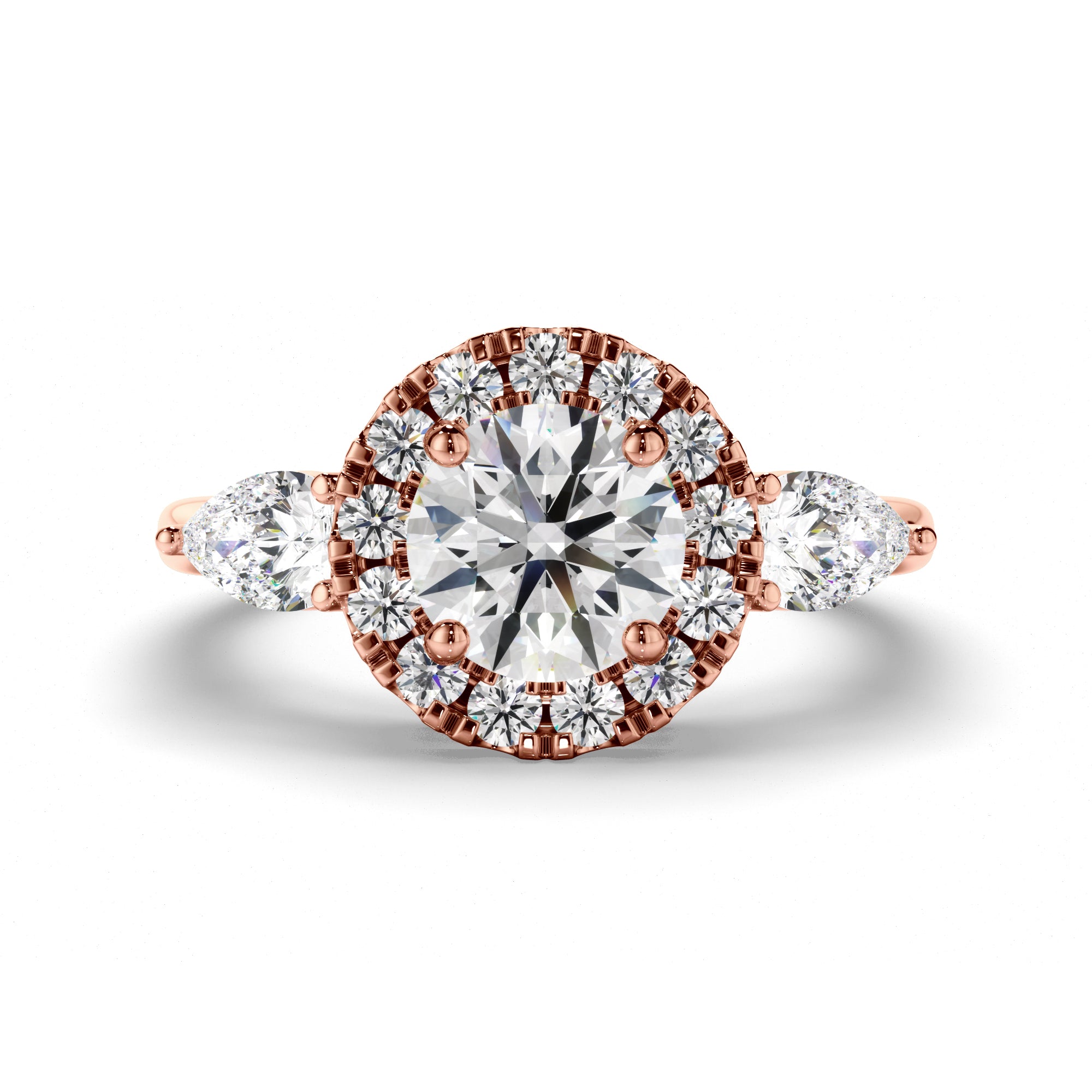 Livia - Round Brilliant Cut Diamond Halo Trilogy Engagement Ring with Pear Sides