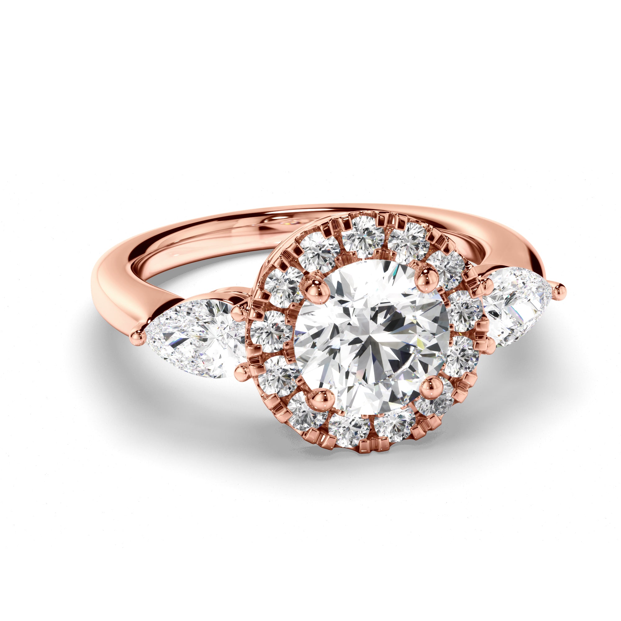 Livia - Round Brilliant Cut Diamond Halo Trilogy Engagement Ring with Pear Sides