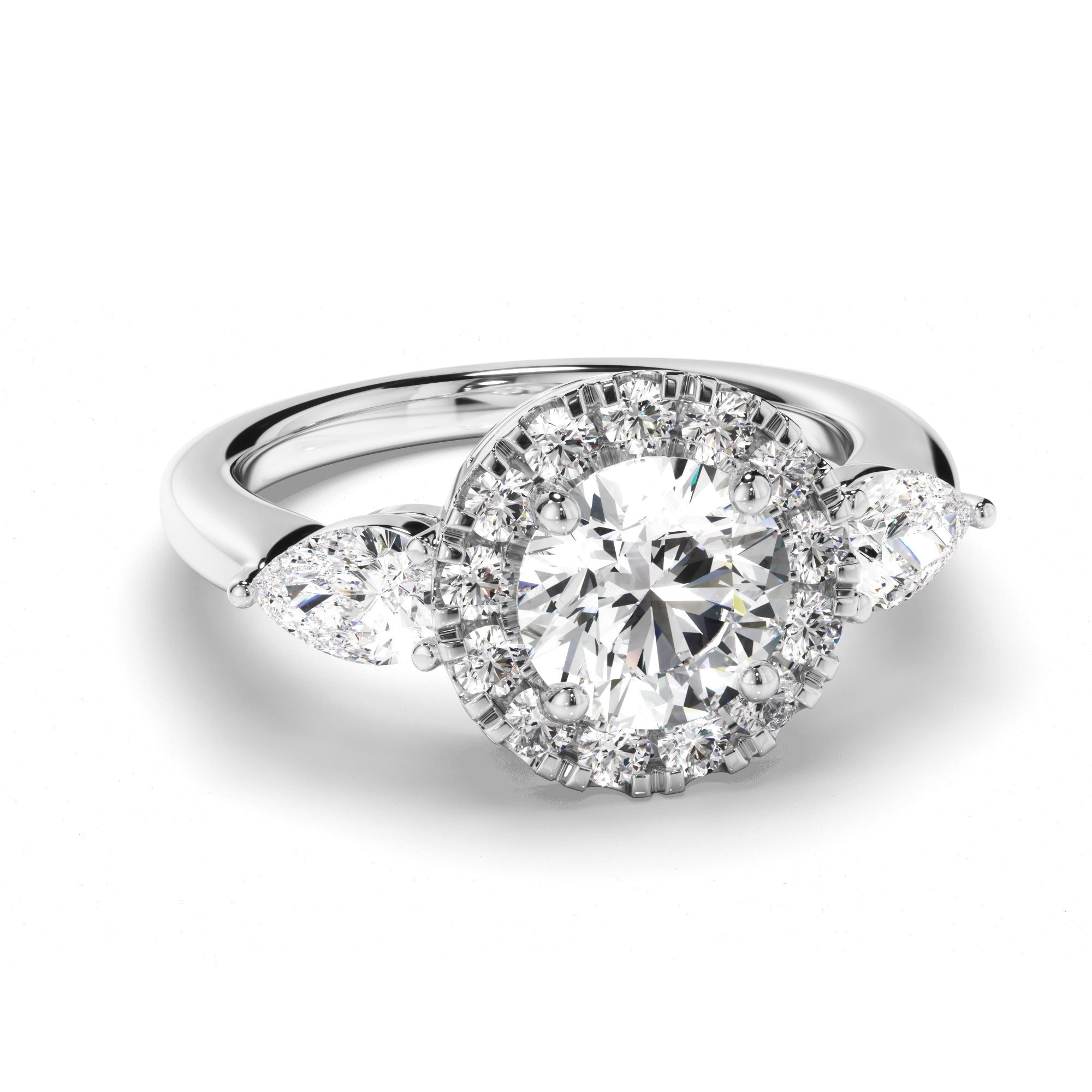 Livia - Round Brilliant Cut Diamond Halo Trilogy Engagement Ring with Pear Sides