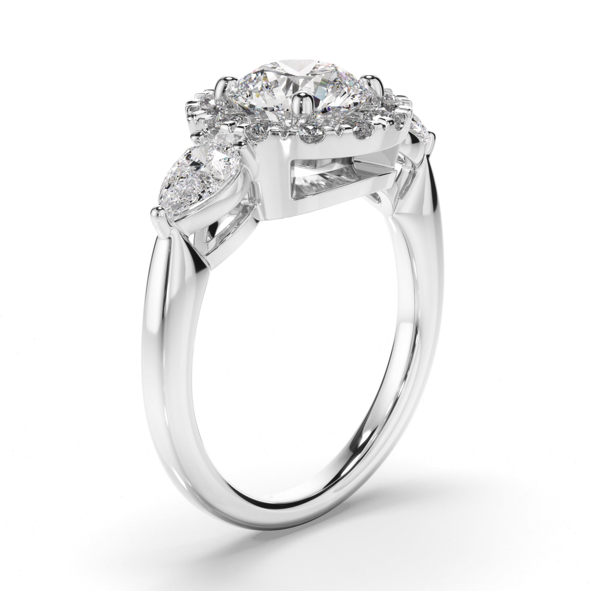 Livia - Round Brilliant Cut Diamond Halo Trilogy Engagement Ring with Pear Sides