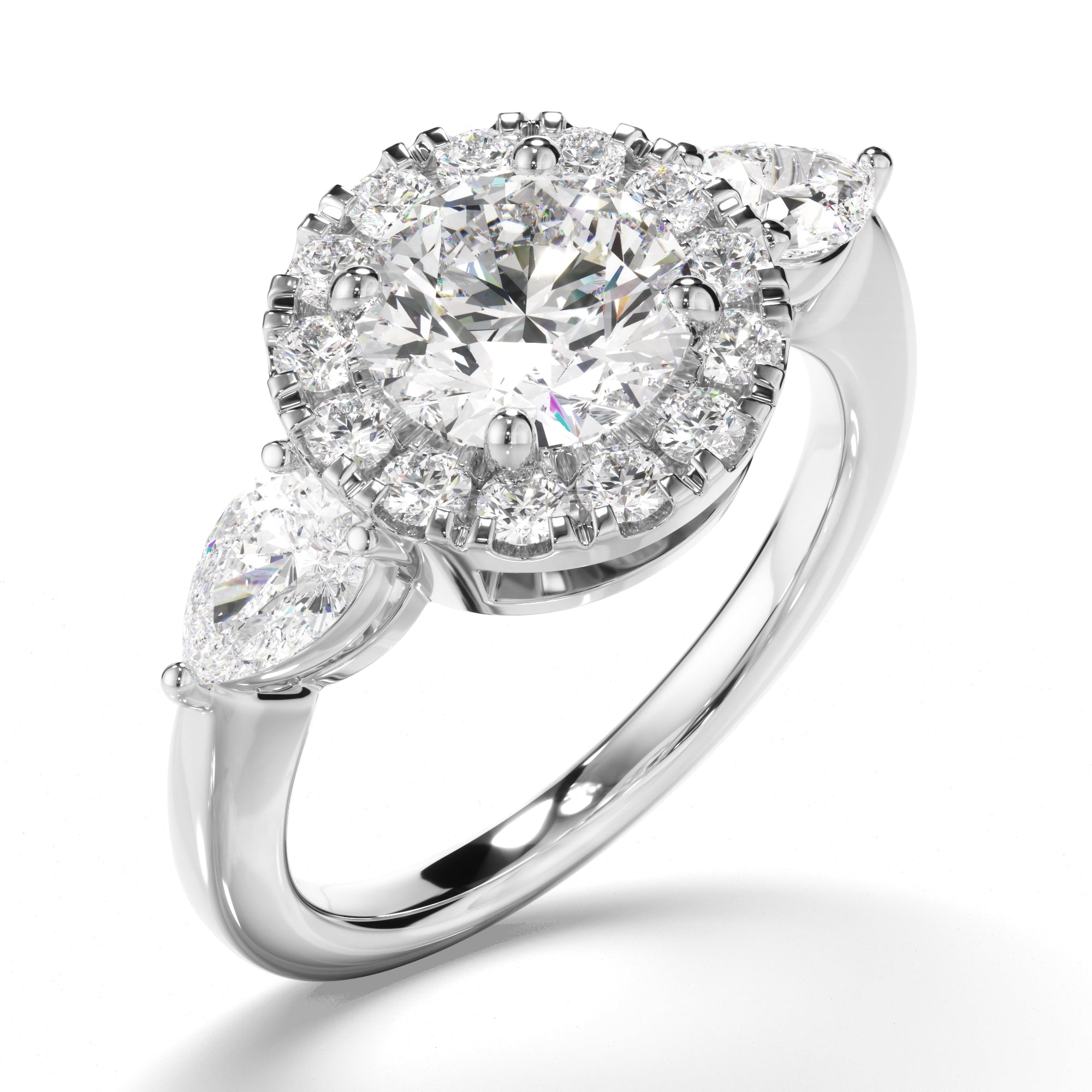 Livia - Round Brilliant Cut Diamond Halo Trilogy Engagement Ring with Pear Sides